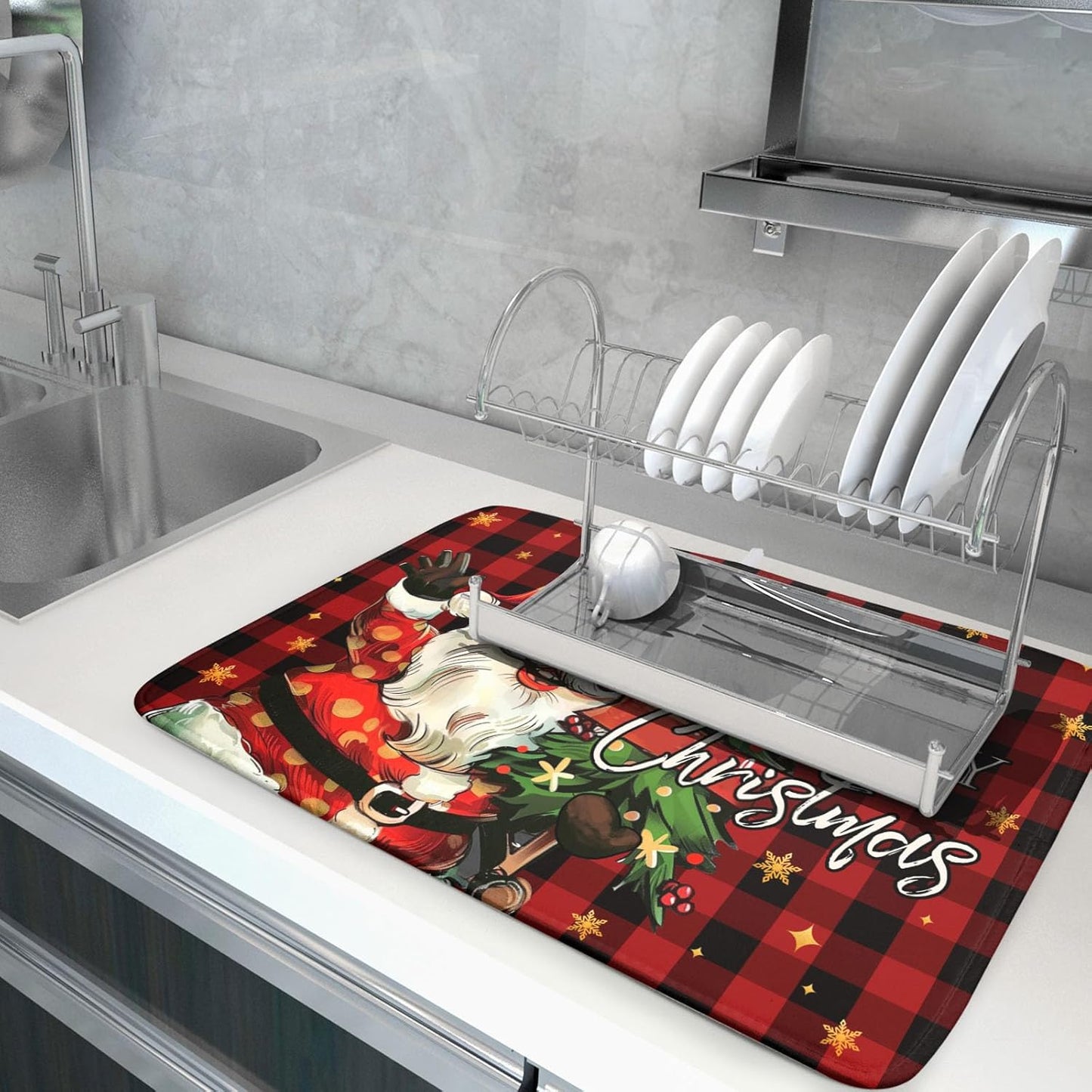 Merry Christmas Santa Claus Red Buffalo Plaid Dish Drying Mat for Kitchen Counter,Winter Snowflake Xmas Tree Drying Mat 18 x 24 Inch with Absorbent Reversible Microfiber Dish Drying Pad for Coffee Bar