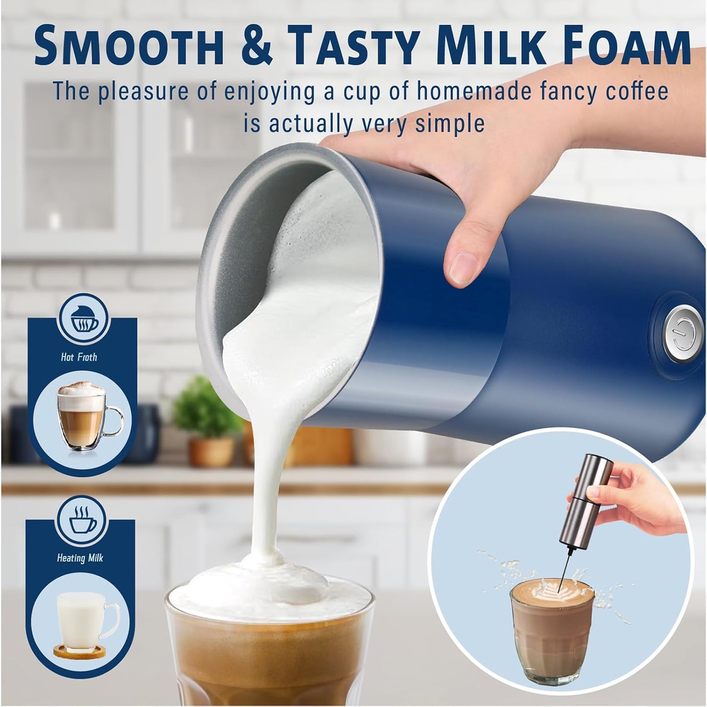 Huogary Milk Forther Simple Milk Frother and Steamer 2-in-1 Milk Steamer with Hot Milk Foam and Hot Milk for Latte, Macchiato, Cappuccinos (blue), medium