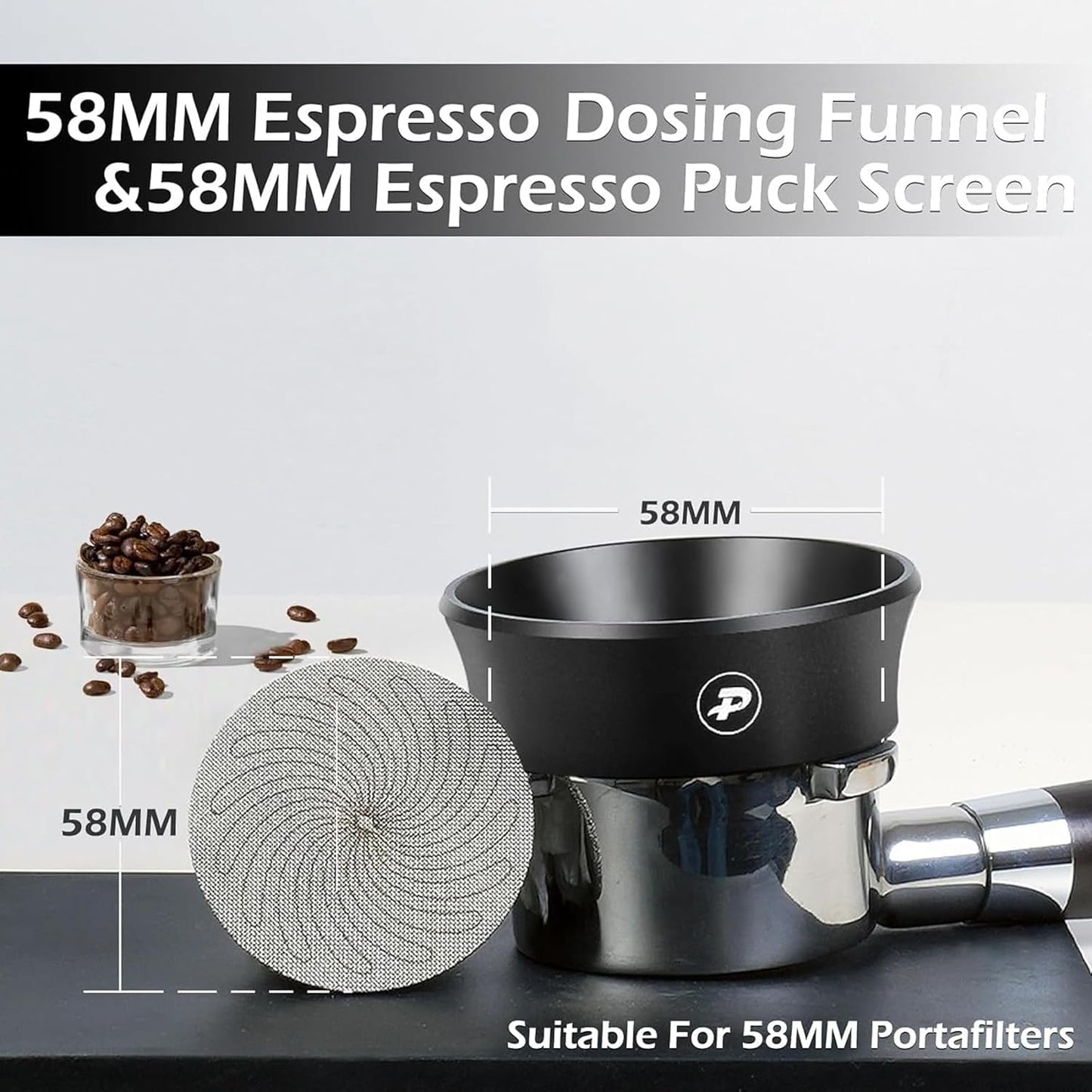PUSEE 58mm Magnetic Dosing Funnel & Puck Screen Set 8 Magnetic Espresso Coffee Dosing Ring Reusable 1.7mm Puck Screen 316 Stainless Steel Fits All 58mm Portafilters Espresso Tools Espresso Accessories