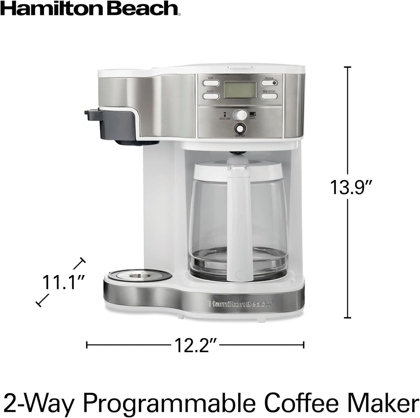 Hamilton Beach 49933 2-Way 12 Cup Programmable Drip Coffee Maker & Single Serve Machine, Glass Carafe, Auto Pause and Pour, White