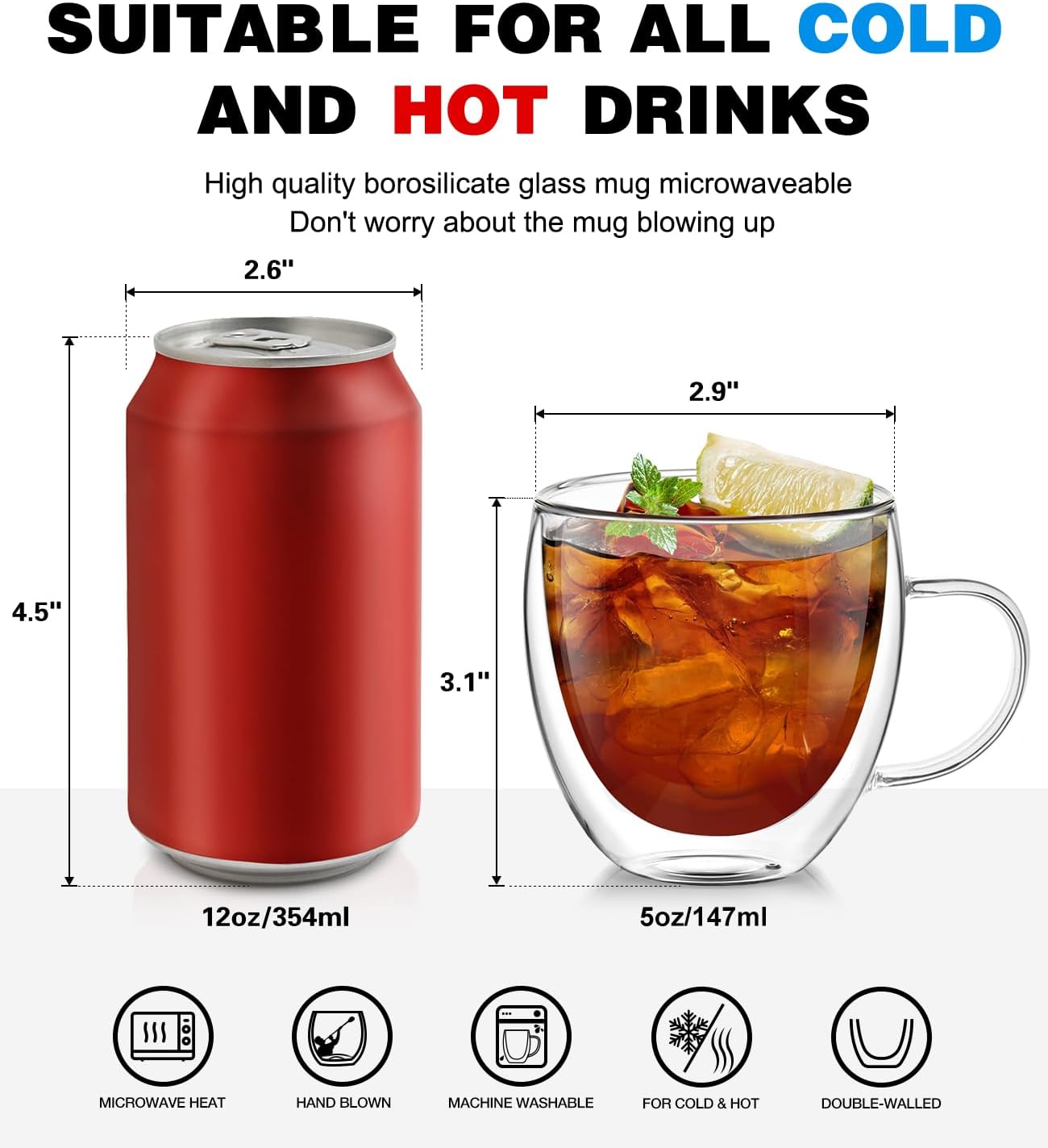 OJA Espresso Cups Set of 2, Hand Blown 5OZ Double Wall Glass Mugs with Handle Perfect for Cappuccino, Latte, Tea, Clear Glass Espresso Shot Cups Suitable for Coffee Machine