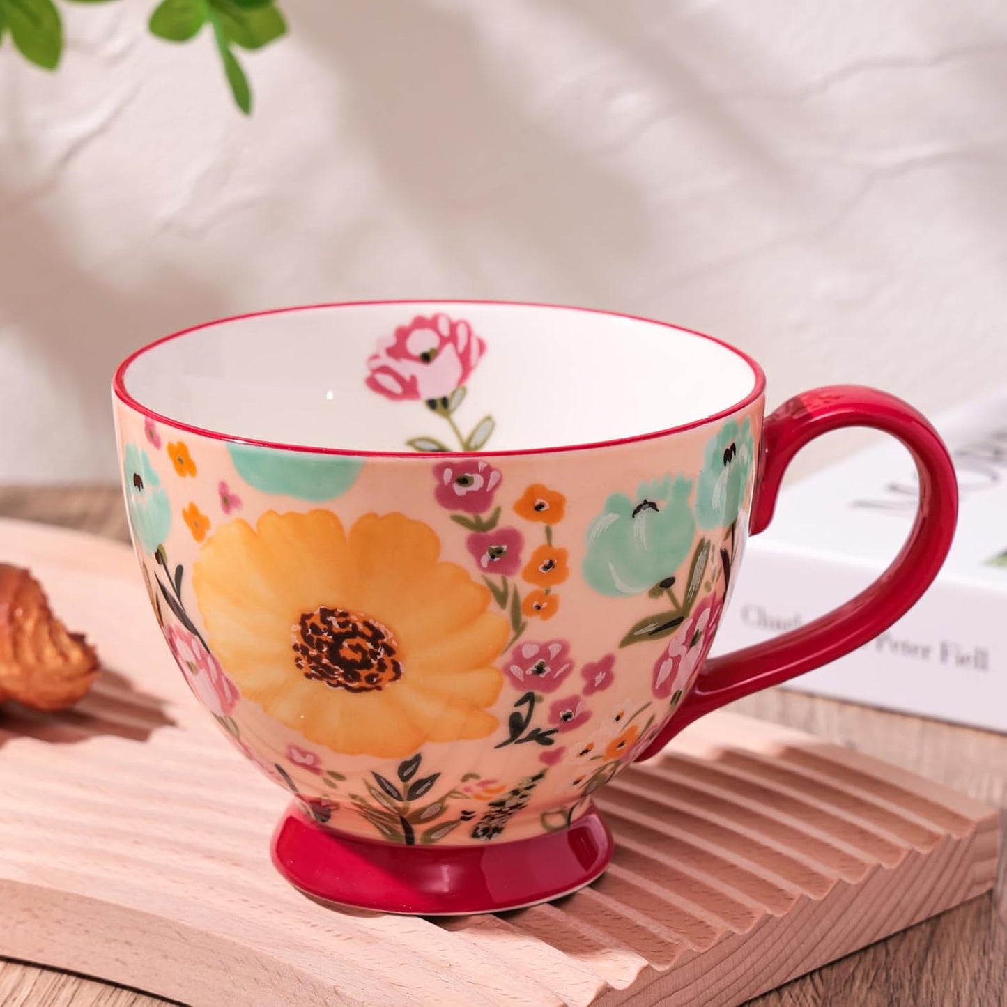 Vintage Flower Mugs – Large Ceramic Coffee Mug (15oz) – Cute Cereal Cup for Breakfast, Oatmeal Tea & Hot Drinks – Handmade Ceramic Cup with Floral Design