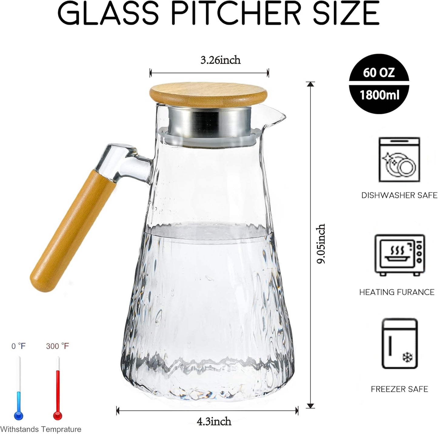 Glass Pitcher, 60 oz 1.8 Liter Glass Water Pitcher with Lid,Hand Blown Iced Tea Pitcher for Fridge,for Juice, Coffee, Milk, Cold or Hot Beverages, Heat Resistant