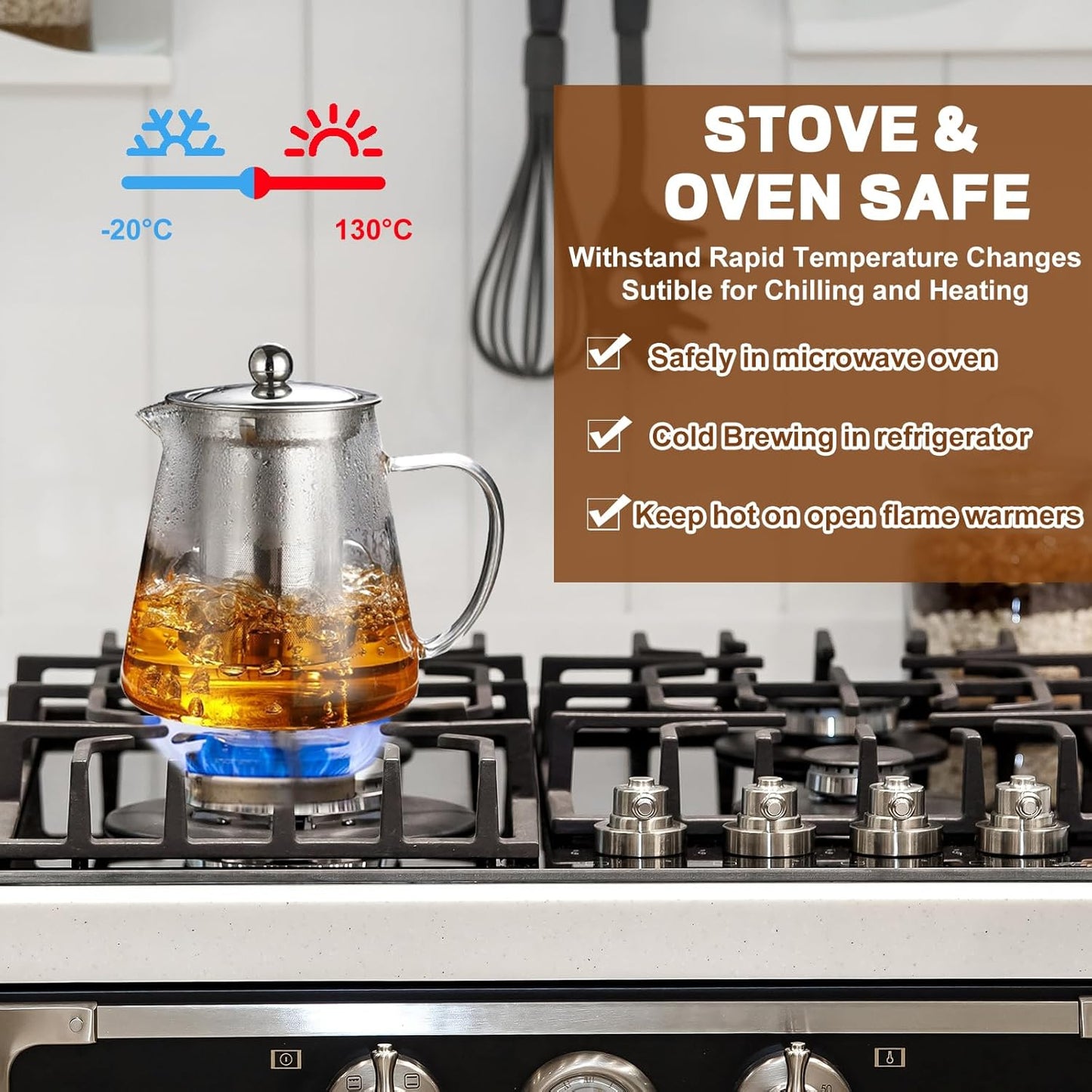 Glass Teapot, Tea Pot with Removable Infusers for Loose Tea, Borosilicate Glass Tea Kettle Tea Maker Stovetop for Party, Camping,Travel (950ML)