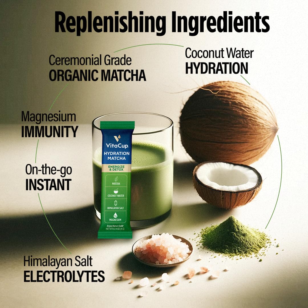 VitaCup Hydration Matcha Instant Packets, for Natural Energy and Detox, w/Electrolytes, Ceremonial Grade Organic Matcha, Coconut Water, Pink Himalayan Salt, Magnesium, in Single Serve Sticks, 40 Ct