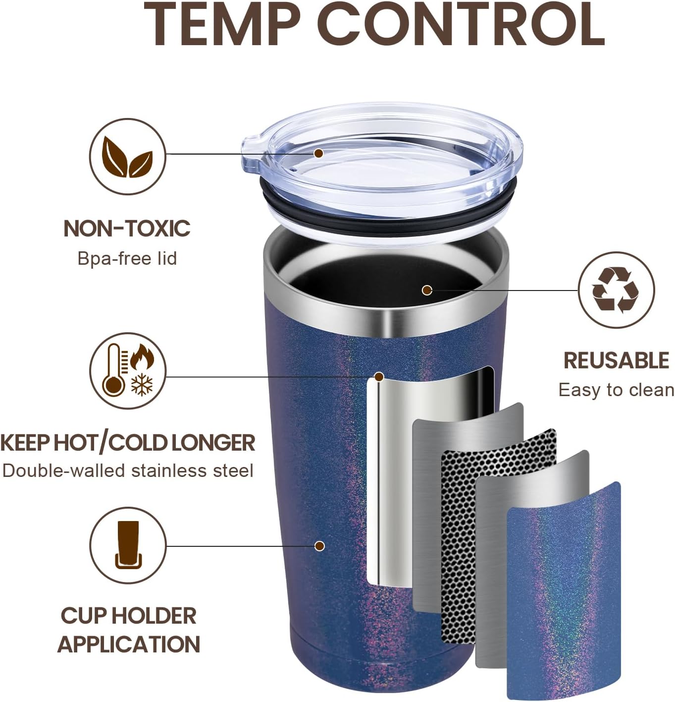 MEWAY 20oz Tumbler 4 Pack Double Wall Vacuum Insulated Travel Glitter Mug Bulk, Stainless Steel Tumblers with Lid and Straw, Powder Coated Coffee Cups for Woman(Rainbow Navy,Set of 4)