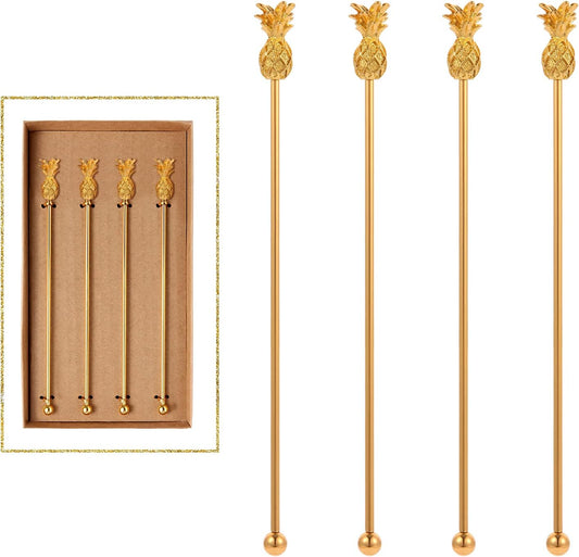 Pineapple Drink Stirrer Sticks Stainless Steel Coffee Beverage Stirrers，Set of 4 Cocktail Swizzle Stick,7.28", Gold
