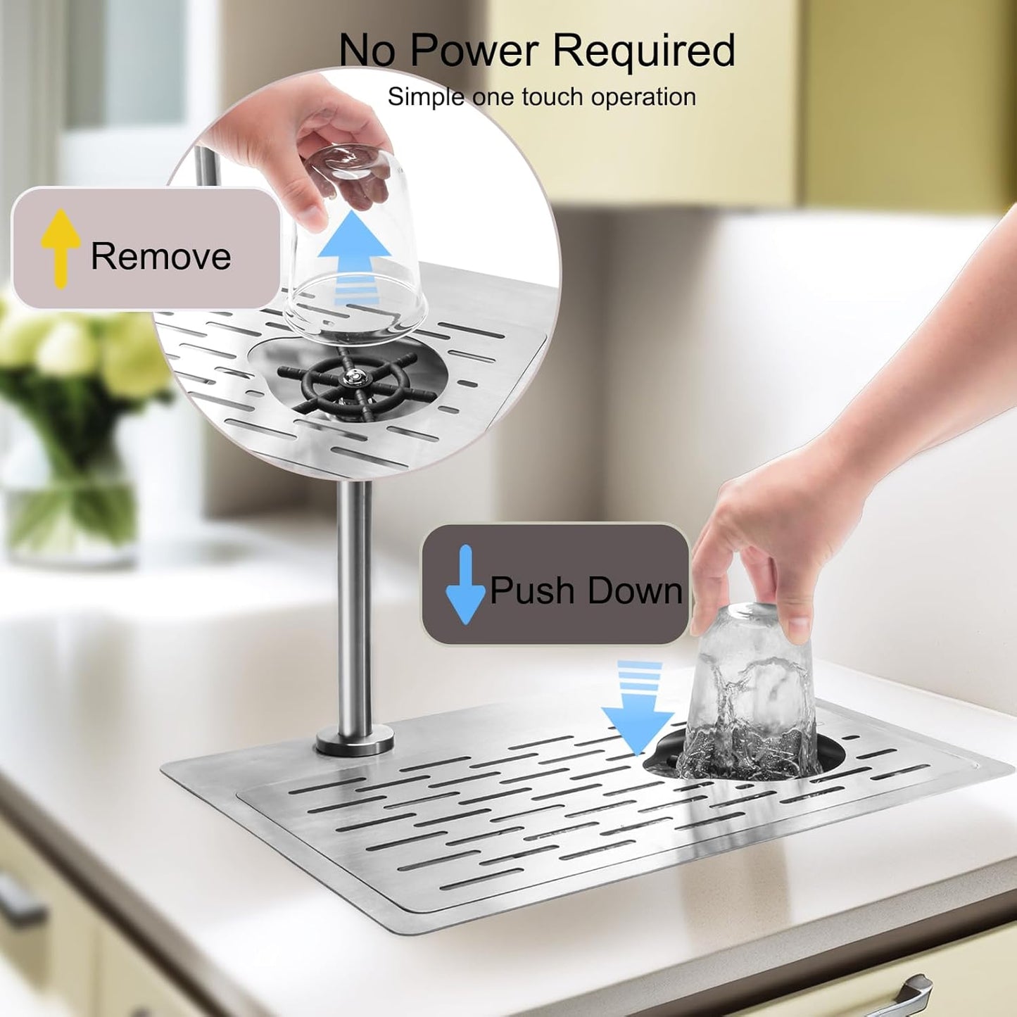 DIBTSA Pitcher Rinser, Stainless Steel Countertop Glass Rinser Cup Washer Sink with Side Spray,Drip Tray for Home Cafe Restaurant