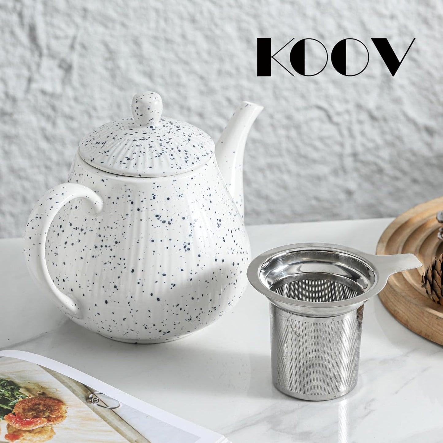 KOOV Ceramic Teapot with Infuser, 40 ounce Tea Pot with Infuser for Loose Tea, Large Enough For 6 Cups, Tea Pot with Tea Strainers, Splash Series (Splashed White)