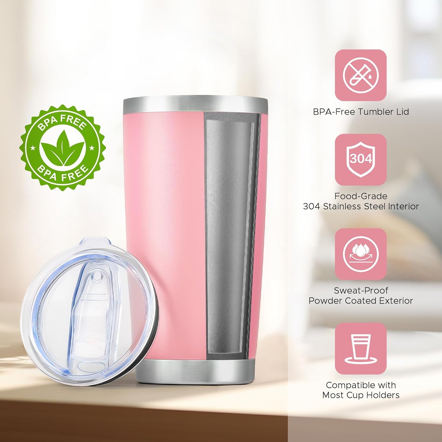 OMTech 20oz Tumblers Bulk, 6pc Stainless Steel Tumbler Set with Lid & Straw, Double Wall Vacuum Insulated Mug for Laser Engraver, Travel Coffee Mug for Hot & Cold Drinks, Pink Powder Coated Cup