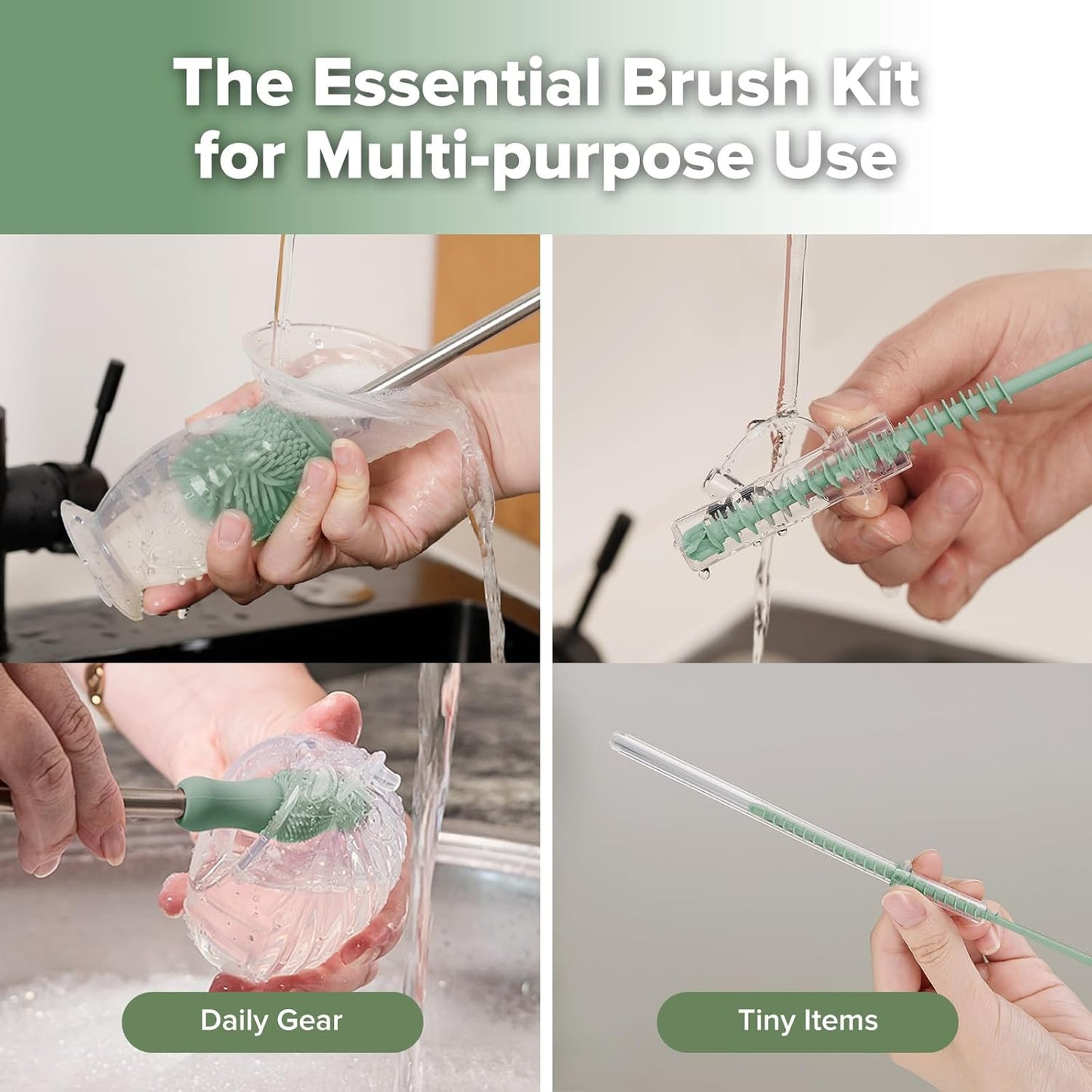haakaa Silicone Cleaning Brush Kit - Baby Bottle Brush Cleaner for Breast Pump,Nipple,Breast Milk Storage Bag,Reusable Straw,Sippy Cup - Food Grade Silicone Bristles, Portable - 3 Pcs - Pea Green