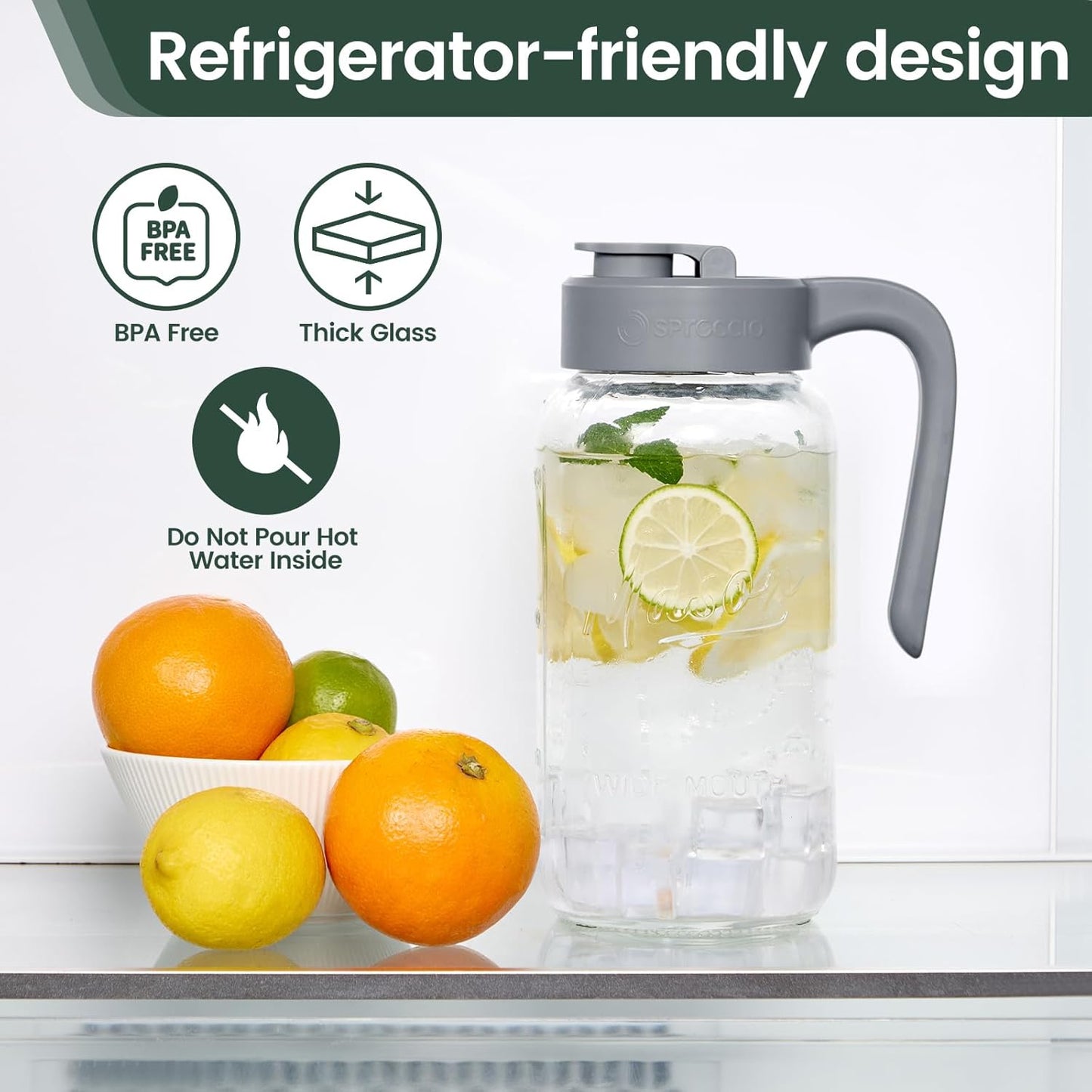 Mason Jar Pitcher - Airtight & Leakproof Glass Pitcher with Lid[set of 2], Perfect for Breastmilk, Cold Brew, and Sun Tea, 2 Quart (64 oz) Mason Jar with Pour Spout Lid