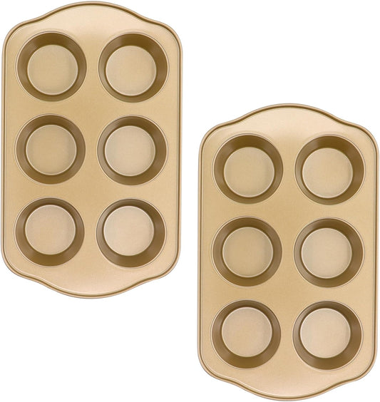 Nonstick 6 Cup Standard Muffin Pan, Cupcake Pan Set, Muffin Tins for Oven, 2 Pack, Gold