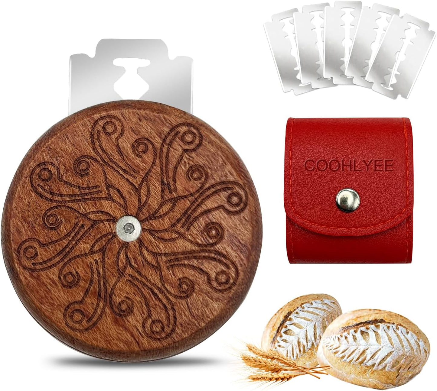 Bread Lame Sourdough Scoring Tool,Wooden Lame Bread Scoring Tool with 5 Razor Blades and Leather Storage Cover,UFO Bread Lame Dough Scoring Tool for Bread Baking