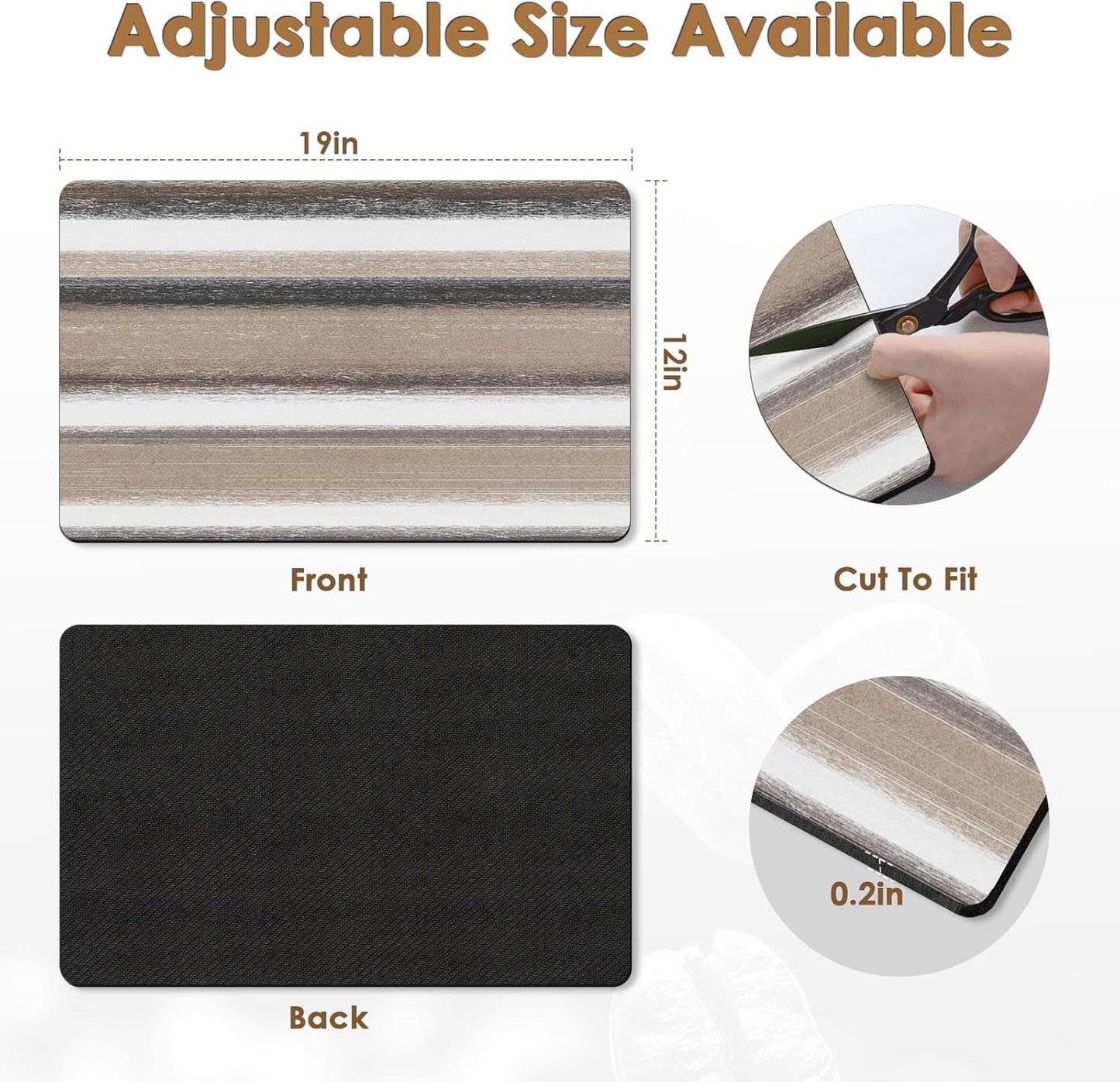 Arttown Coffee Mat for Countertops, Striped Abstract Tan Gray Retro Dish Drying Mat 2 Pcs for Kitchen Bar Accessories, Fit Under Coffee Maker Espresso Machine Dish Rack Hide Stain Rubber 12x19in