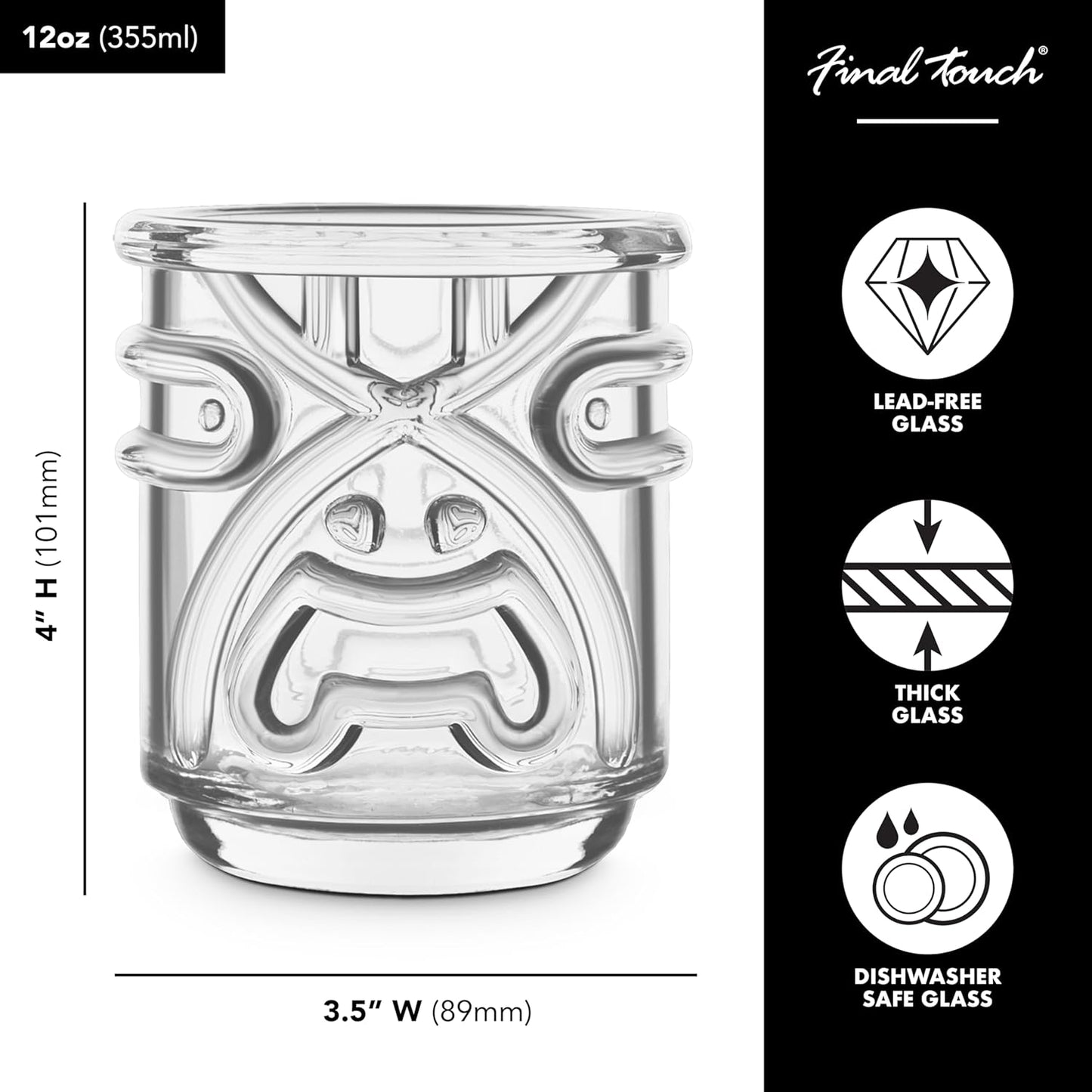 Final Touch Tiki Glasses Set of 4 - Kanaloa, Lono, Kū, Kāne Designs, 12 oz (355 ml), Clear, Stackable Totem Pole Storage, Durable Glassware for Tropical Cocktails (TK5303)