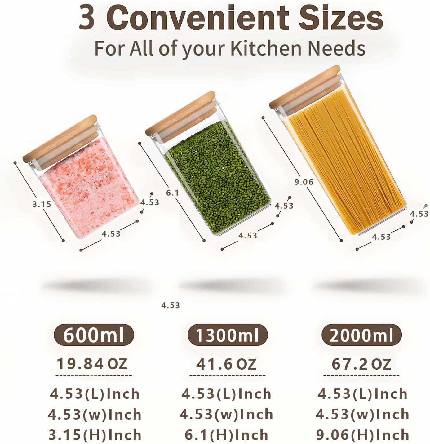 Square Storage Containers with Airtight Lids, Clear Food Storage Container Jar with Sealing Bamboo Lid for Noodles Flour Cereal Rice Sugar Tea Coffee Beans