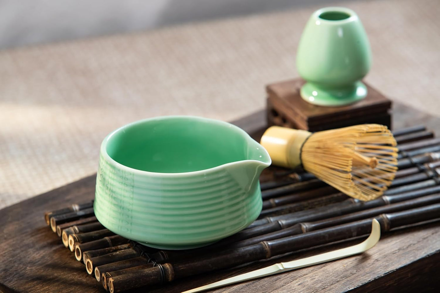Traditional Matcha Tea Ceremony Tools, 4 Pcs Bamboo Matcha Whisk Set and Matcha Bowl with Spout and Whisk for Ceremony, Gift-Ready Presentation