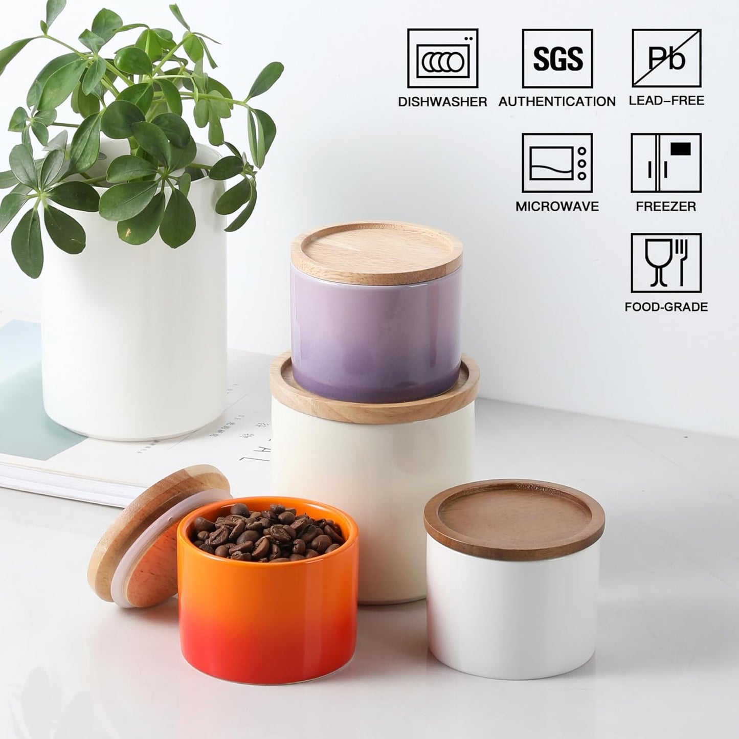 Sweejar Kitchen Canisters Ceramic Food Storage Jar, Stackable Containers with Airtight Seal Wooden Lid for Serving Ground Coffee, Tea, Sugar, Spice and More - 5 Fl Oz(White Acacia)