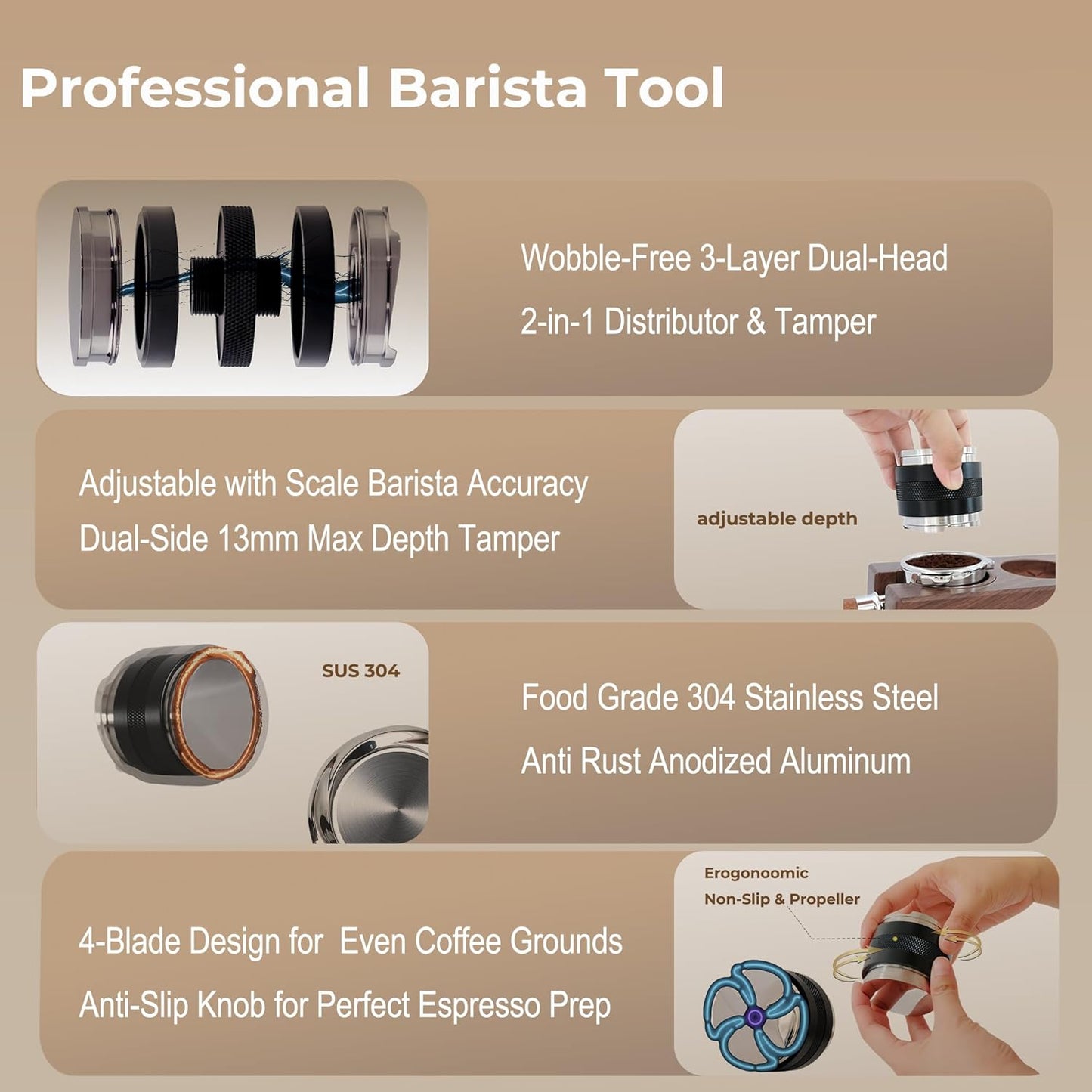 58mm Coffee Distributor & Tamper - Dual Head Adjustable Depth for Breville Barista Pro/Express/Touch - 304 Stainless Steel Coffee Leveler and Hand Tamper, Black