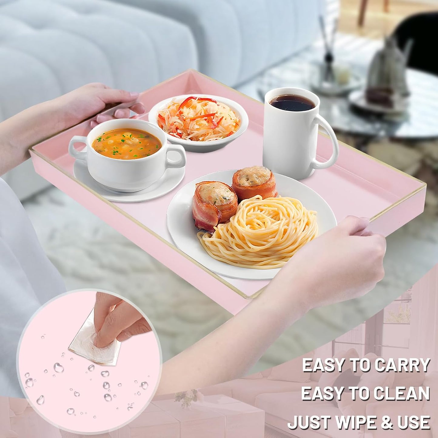 MAONAME Pink Serving Tray Set of 2, Plastic Decorative Trays with Handles, Rectangular Coffee Table Tray for Ottoman, Nesting Trays for Living Room, Bedroom