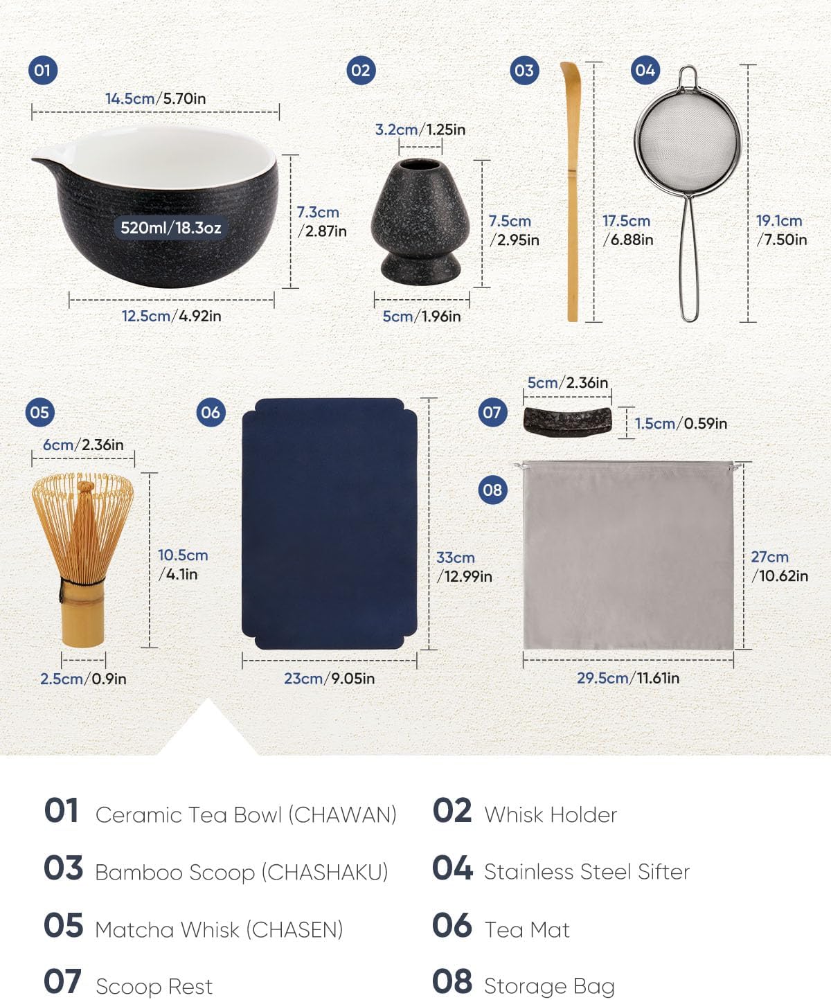 7 Pcs Matcha Kit Set, Matcha Whisk and Bowl with Spout, Powder Sifter, Whisk Holder, Bamboo Scoop and Scoop Rest, Perfect Prepare Tools for Making Matcha Tea (Charcoal Grey)