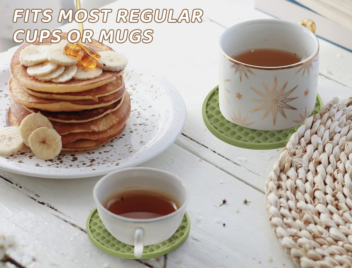 Coasters for Drinks 6 Pack Drink Coaster with Holder,Heat Resistant Silicone Cup Mat Tabletop Protection,Non-Slip Rubber Coasters for Kinds of Cups (Green)