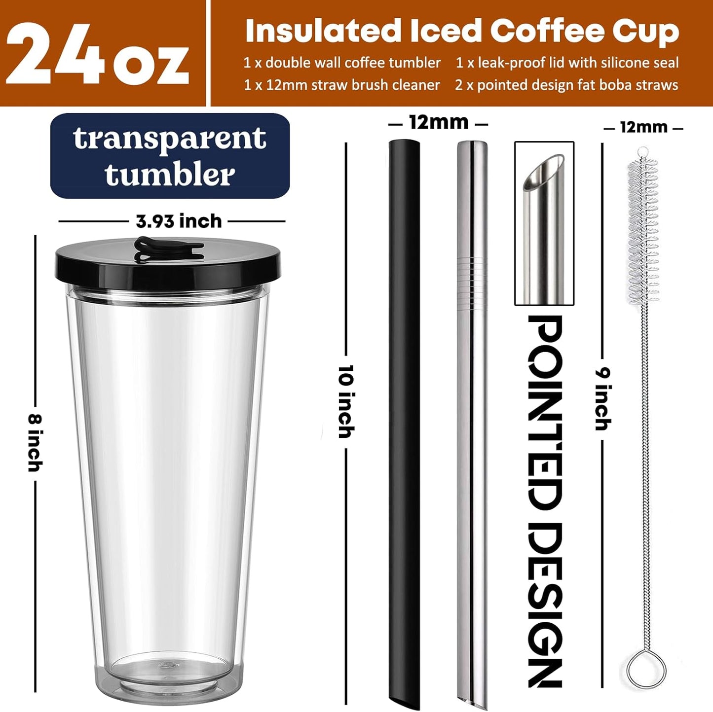 ALINK Reusable Iced Coffee Cup with Lid and Straw, 24 oz Boba Tea Smoothie Cup, Leak Proof Double Wall Insulated Iced Coffee Tumbler for Hot Cold Drinks, Bubble Tea, With 2 Boba Straws 1 Brush