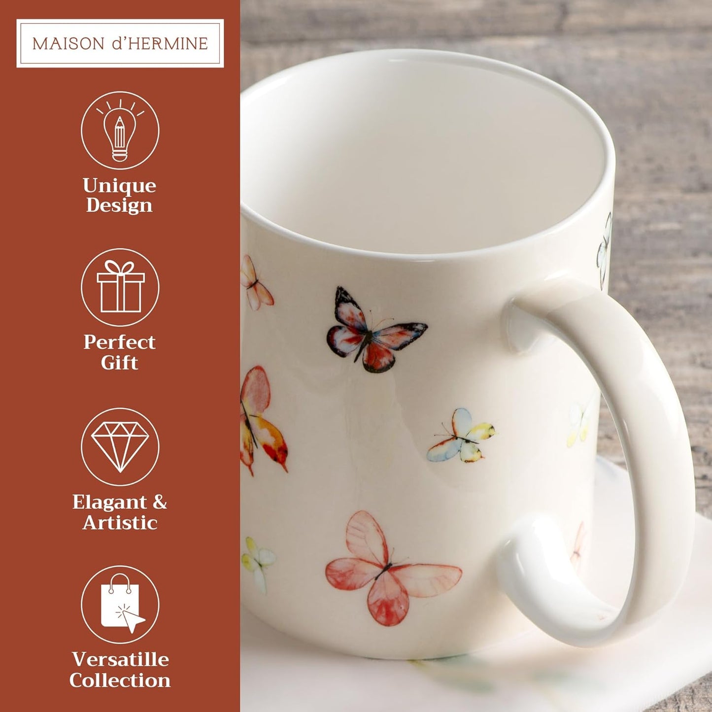 Maison d' Hermine Coffee Mug with Handles Fine Bone China Mugs Pack of One Tea Cups for Hot Beverages Cappuccino Latte Home Restaurant Office Perfect for Gift (Botanical Fresh - Butterflies, 15 Ounce)