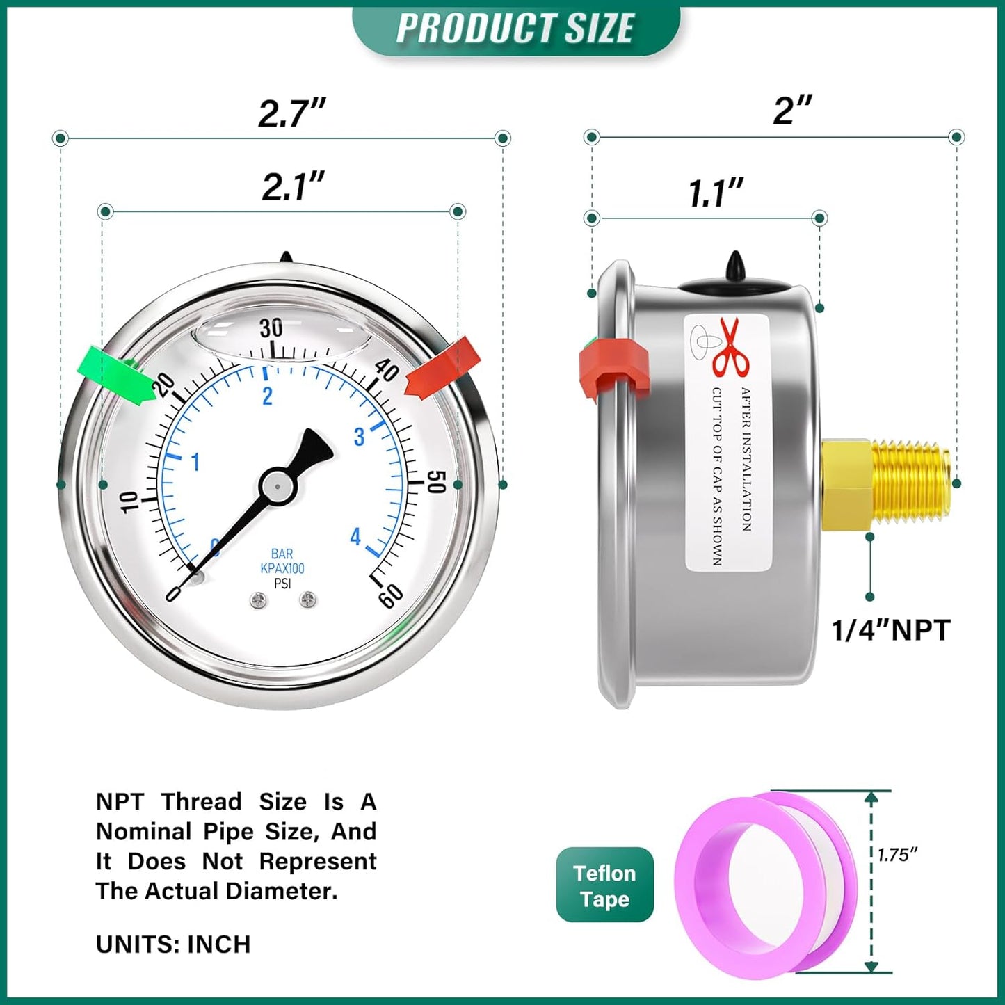 0-60psi Stainless Steel Glycerin Liquid Filled Pressure Gauge 1/4" NPT 2.5" Face Dial Center Back Mount, for Water, Oil and Air Pressure Testing (with Range Mark Pointer)