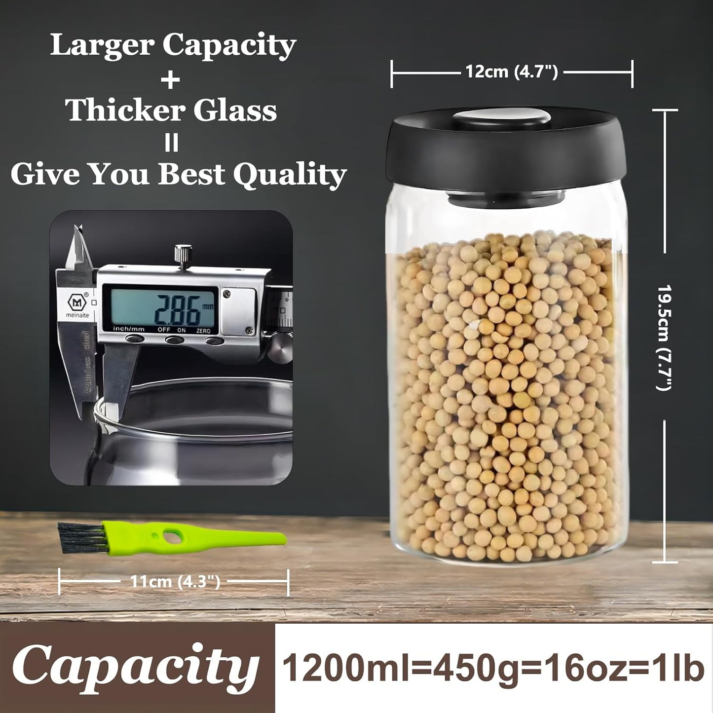 Vacuum Glass Jar with Airtight Lid,41floz/1200ml Borosilicate Glass Coffee Canister Container,Perfect for Coffee Beans & Grounds,Loose Leaf Tea,Candy,Sugar,Nuts,Spices