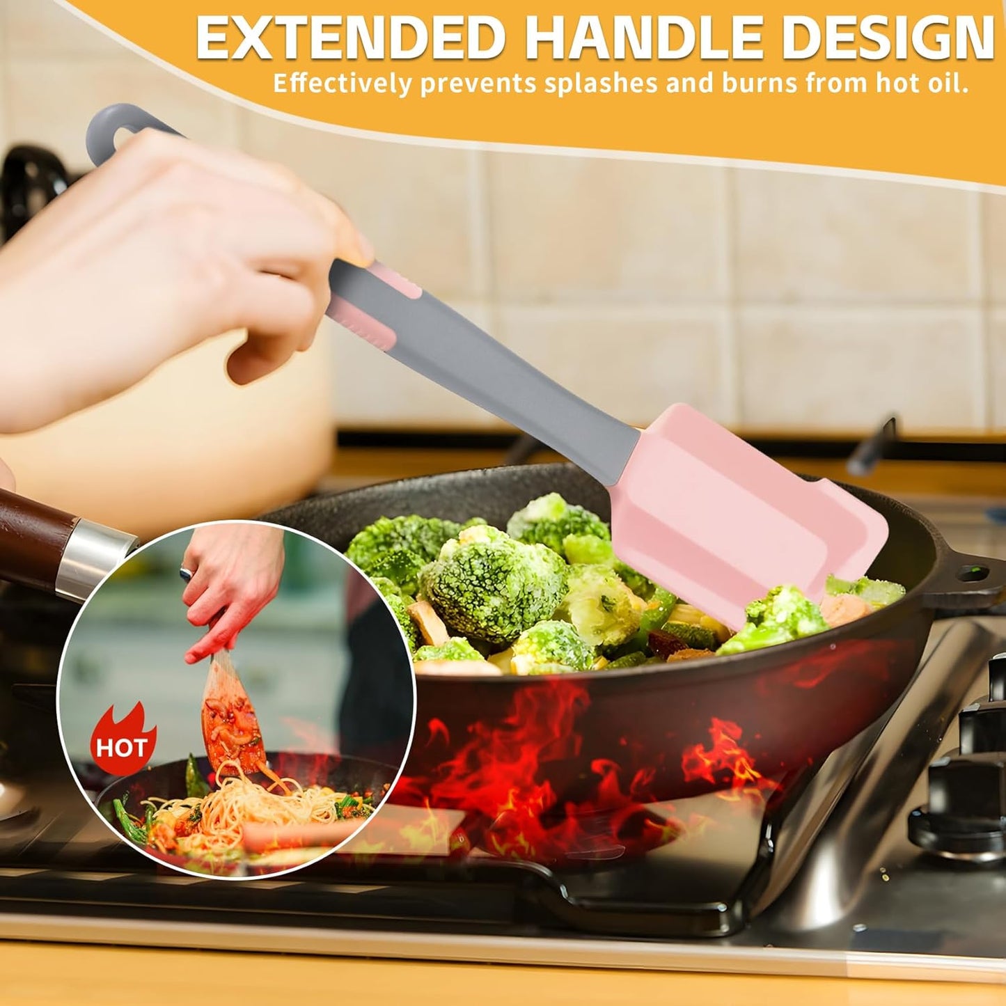 Extra Long Pastry Brush - Silicone Spatula - Basting Brush+Spatula Silicone Heat Resistant,for Baking Scraping Mixing BBQ Grill Kitchen Cooking Spread Oil Butter Sauce (Pink Brush+Spatula)