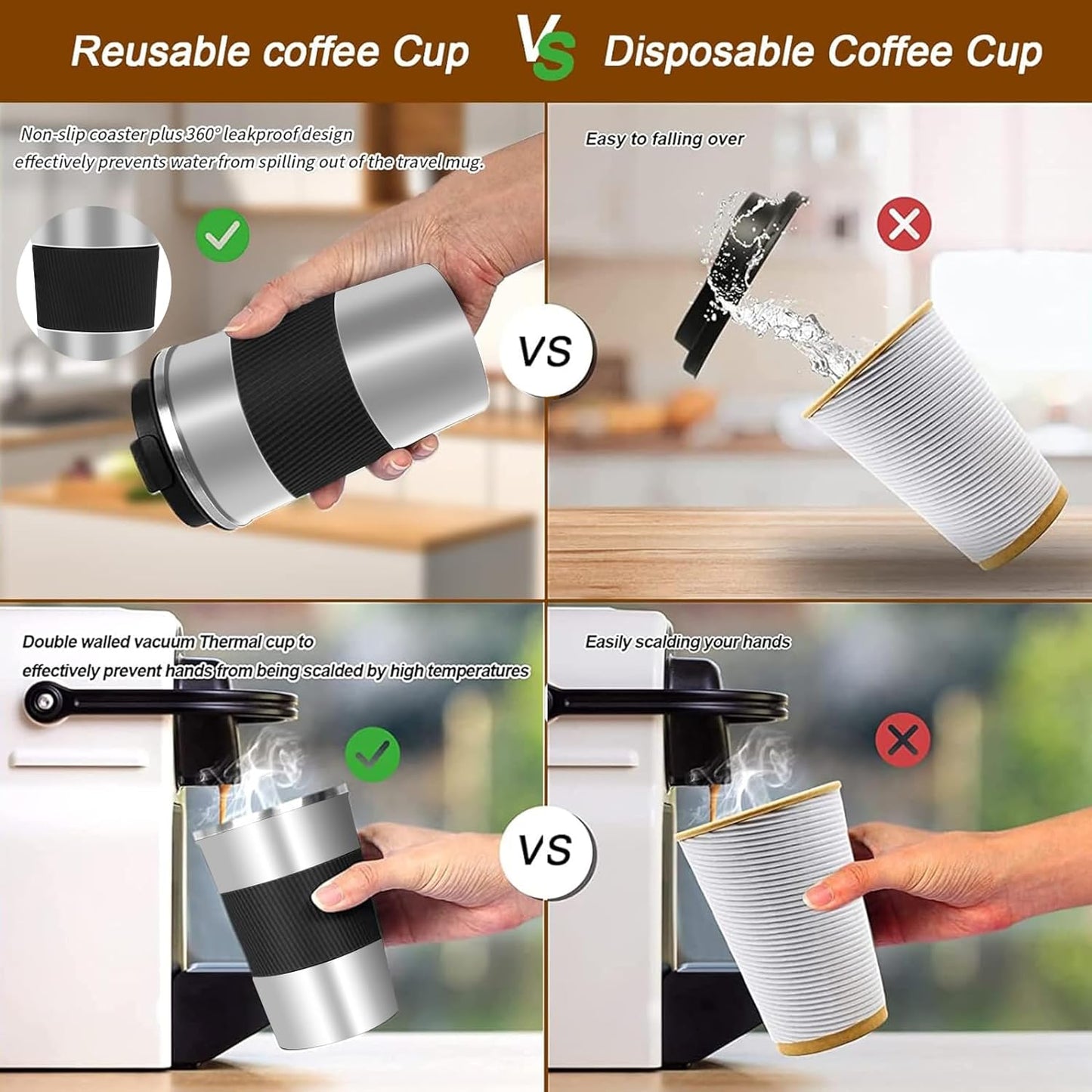 YINBAOGE Insulated Travel Coffee Mug Spill Proof Leak Proof Pobtable To Go Camping Stainless Steel Coffee Tumbler Reusable Coffee Cups with Lids Thermos for Hot and Cold Drink (Silver black, 12 OZ)