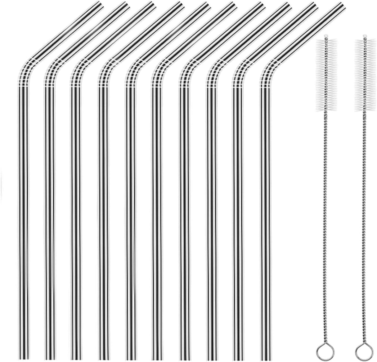 Set of 10 Stainless Steel Straws, HuaQi Bent Reusable Drinking Straws 10.5'' Long 0.24‘’ Dia for 30 oz Tumbler and 20 oz Tumbler, 2 Cleaning Brush Included (10 Bent Staw + 2 Brushes）