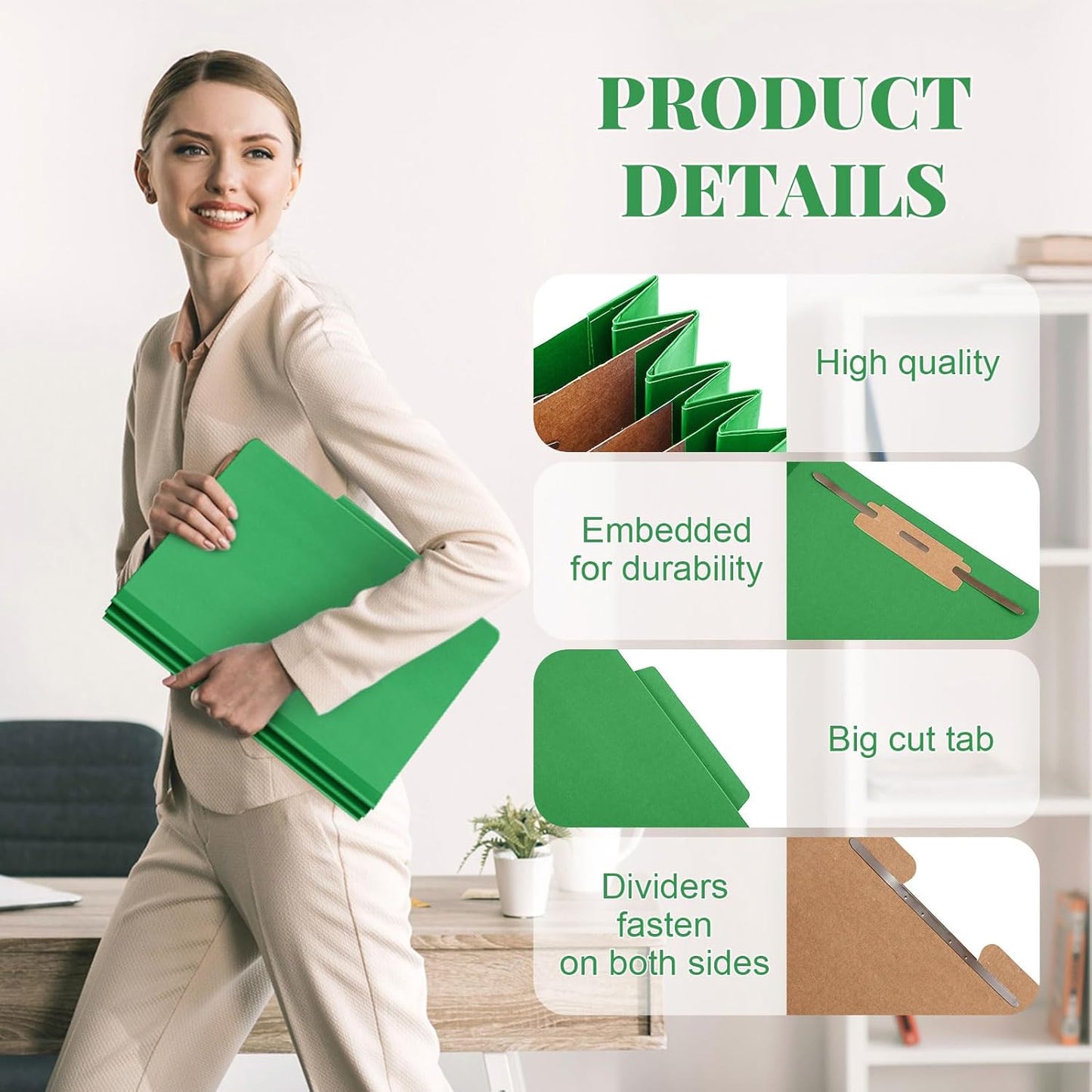 60 Pcs Classification Folders Letter Size, Back to School Supply for Teacher, Student, 3 Dividers Pressboard File Folder Bulk with 2 Fasteners, 3.5 Inch Expanding File Organizer (Green)