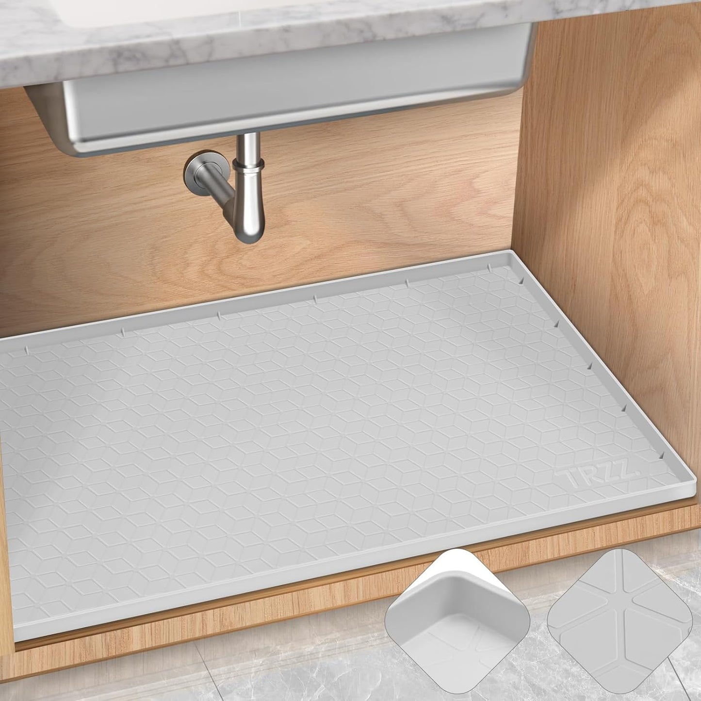 TRZZ Silicone Waterproof Under Sink Mat 34" x 22", Drip Tray and Cabinet Liner for Kitchen and Bathroom, Prevents Water Damage and Organizes Cabinets (Light Grey)