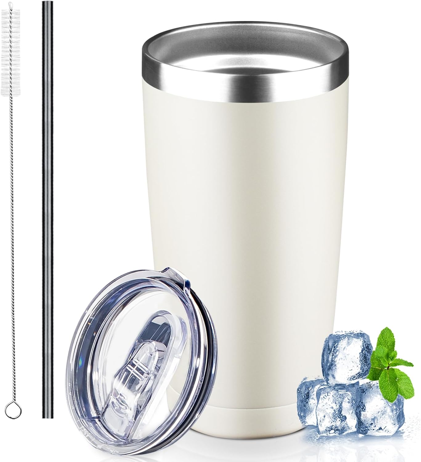 20 oz Tumbler with Lids and Straws, Stainless Steel Insulated Coffee Tumbler, Double Wall Vacuum Insulated Travel Mug Cup, Leakproof Thermal Coffee Cup for Hot and Cold Drinks (cream)