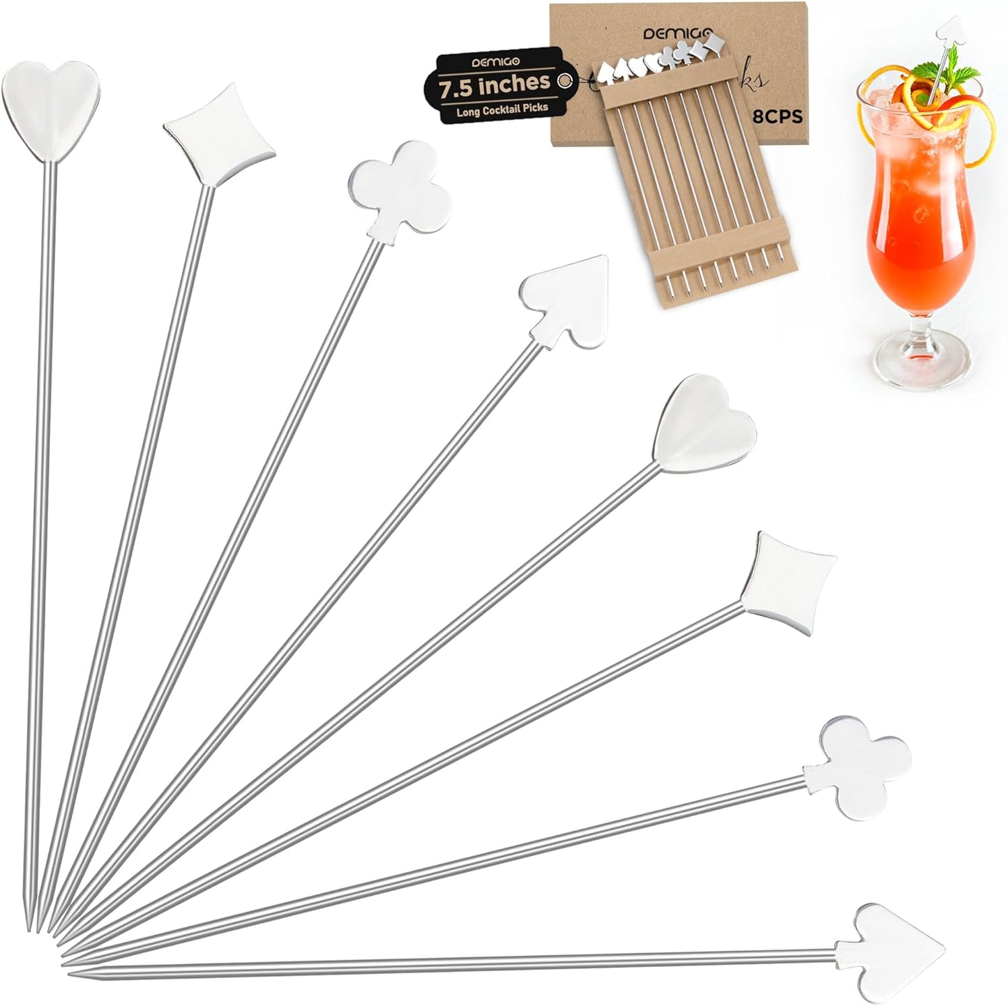 Demigo Long Cocktail Picks 7.5 inches, 8pcs New Styles Stainless Steel, Reusable Olive Stuffers Martini Pick set Fruit Toothpick Garnish Skewers Appetizer Drink Stick for Bar Party, Barbeque Snack