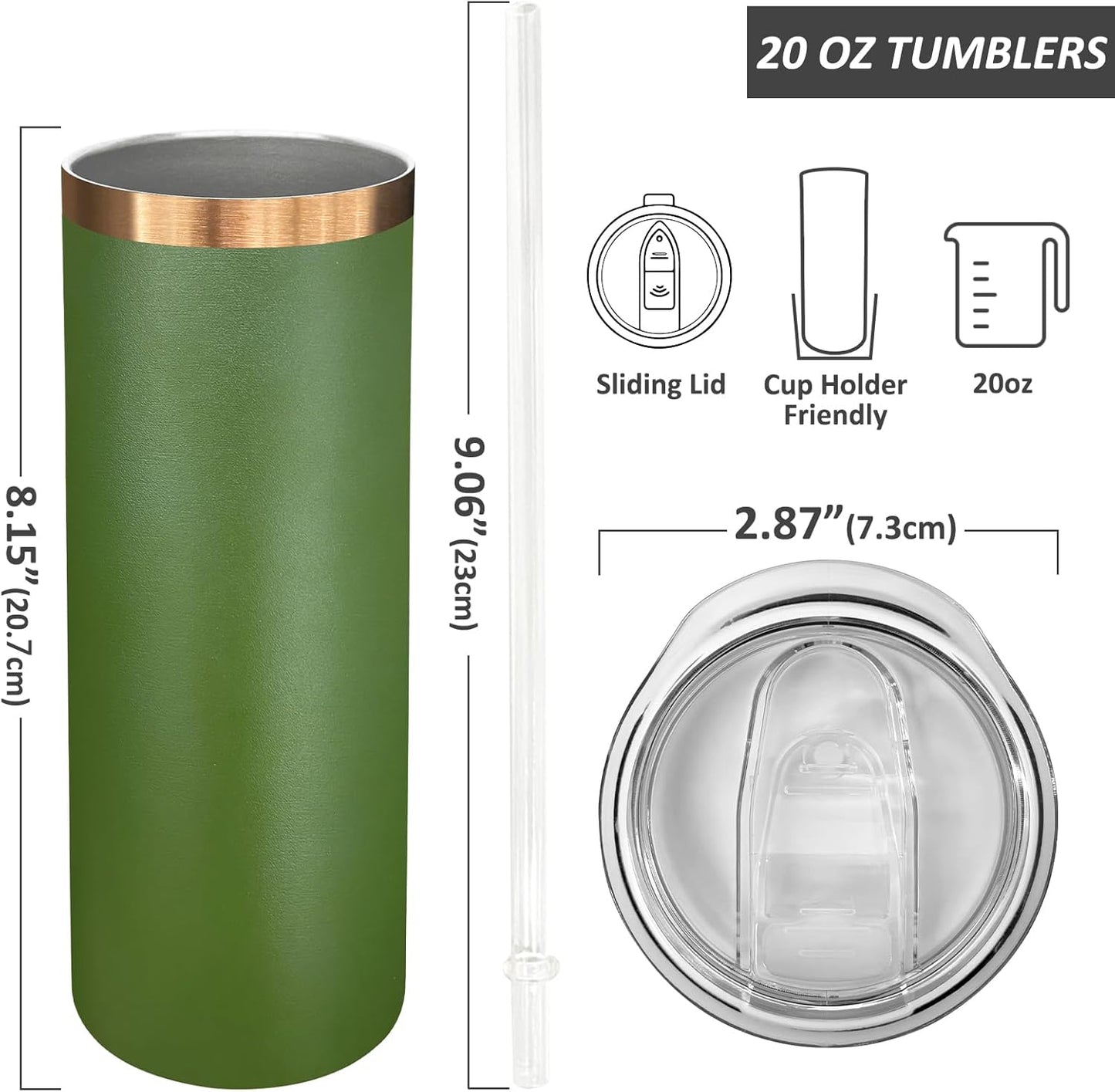 20 oz Skinny Tumblers Bulk, Stainless Steel Insulated Tumbler with Lids and Straws, Slim Double Wall Powder Coated Travel Coffee Mugs, Reusable Cup for Hot and Cold Drinks (Army Green,1 pack)