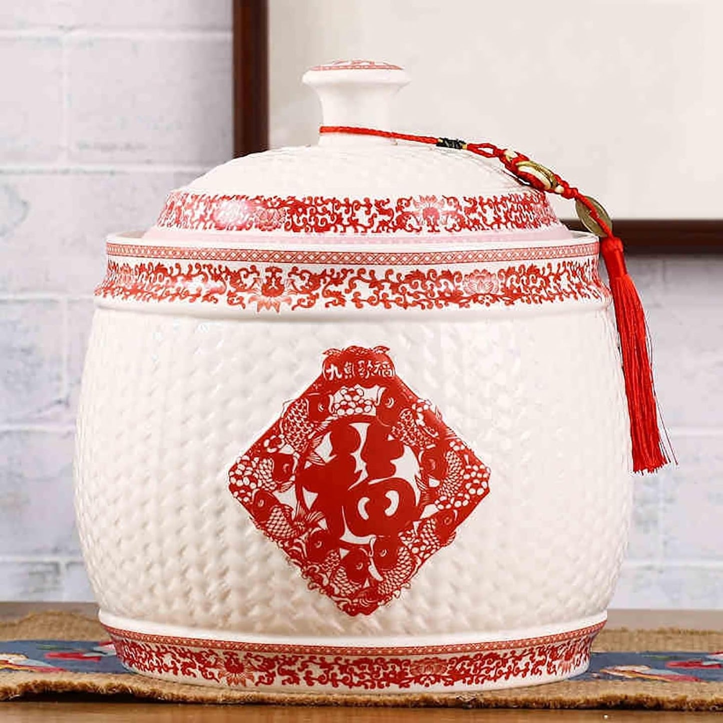 Chinese Sealed Large-Capacity Rice Pot, Ceramic Rice Bucket With Tassel Design, Grain Storage Ceramic Container, Rice Dispenser Airtight Storage Bucket For Grains Snacks Candy Coffee Beans Food(C,Capa