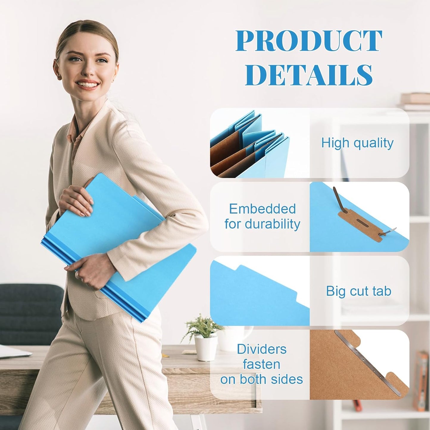 60 Pcs Classification Folders Letter Size, Back to School Supply for Teacher, Student, 3 Dividers Pressboard File Folder Bulk with 2 Fasteners, 3.5 Inch Expanding File Organizer (Blue)