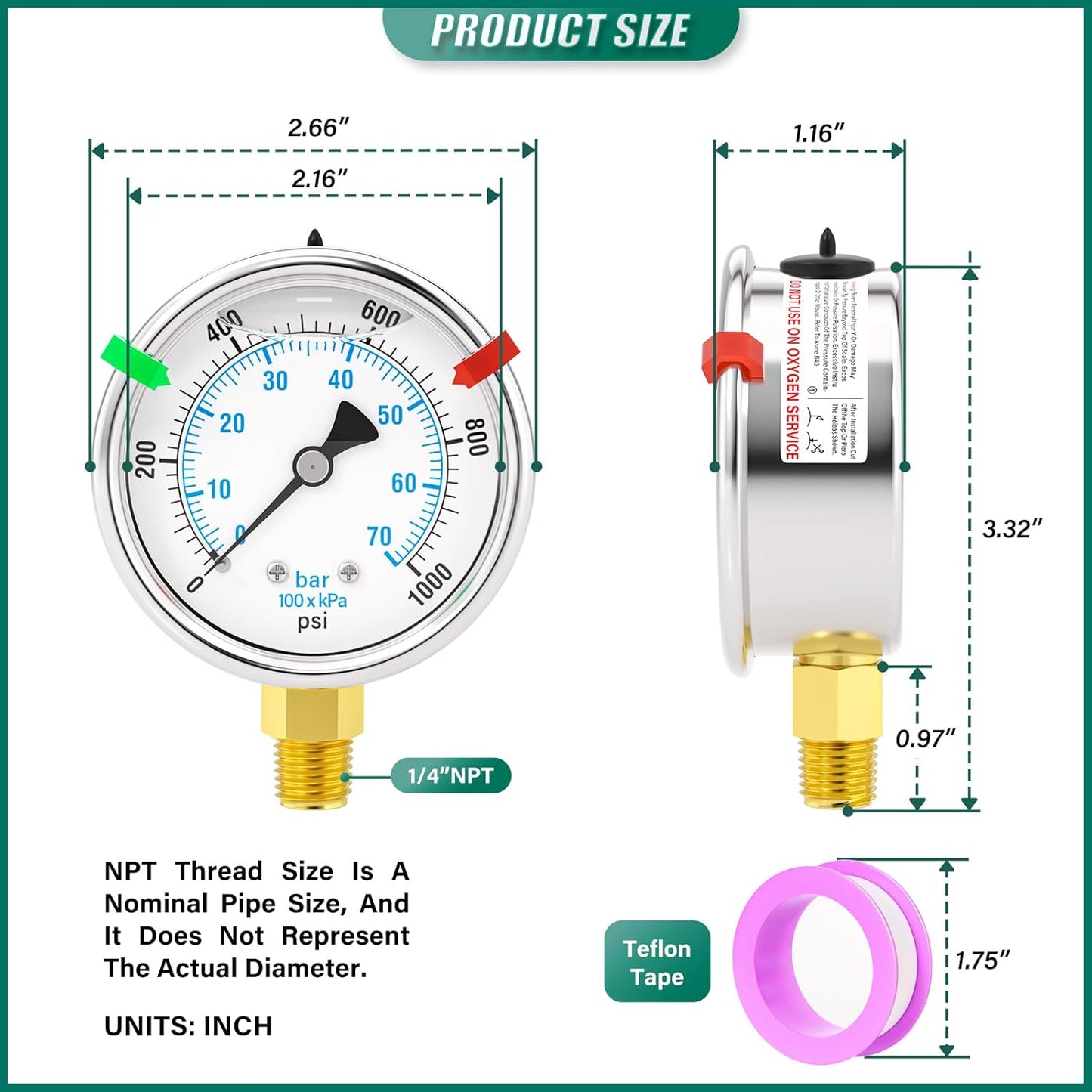 0-1000PSI Stainless Steel Liquid Filled Pressure Gauge, 2.5" Dial Size, 1/4" NPT Lower Mount, for Tube, Water Pump, Gas, Liquid, Pressure Test (with Range Mark Pointer)