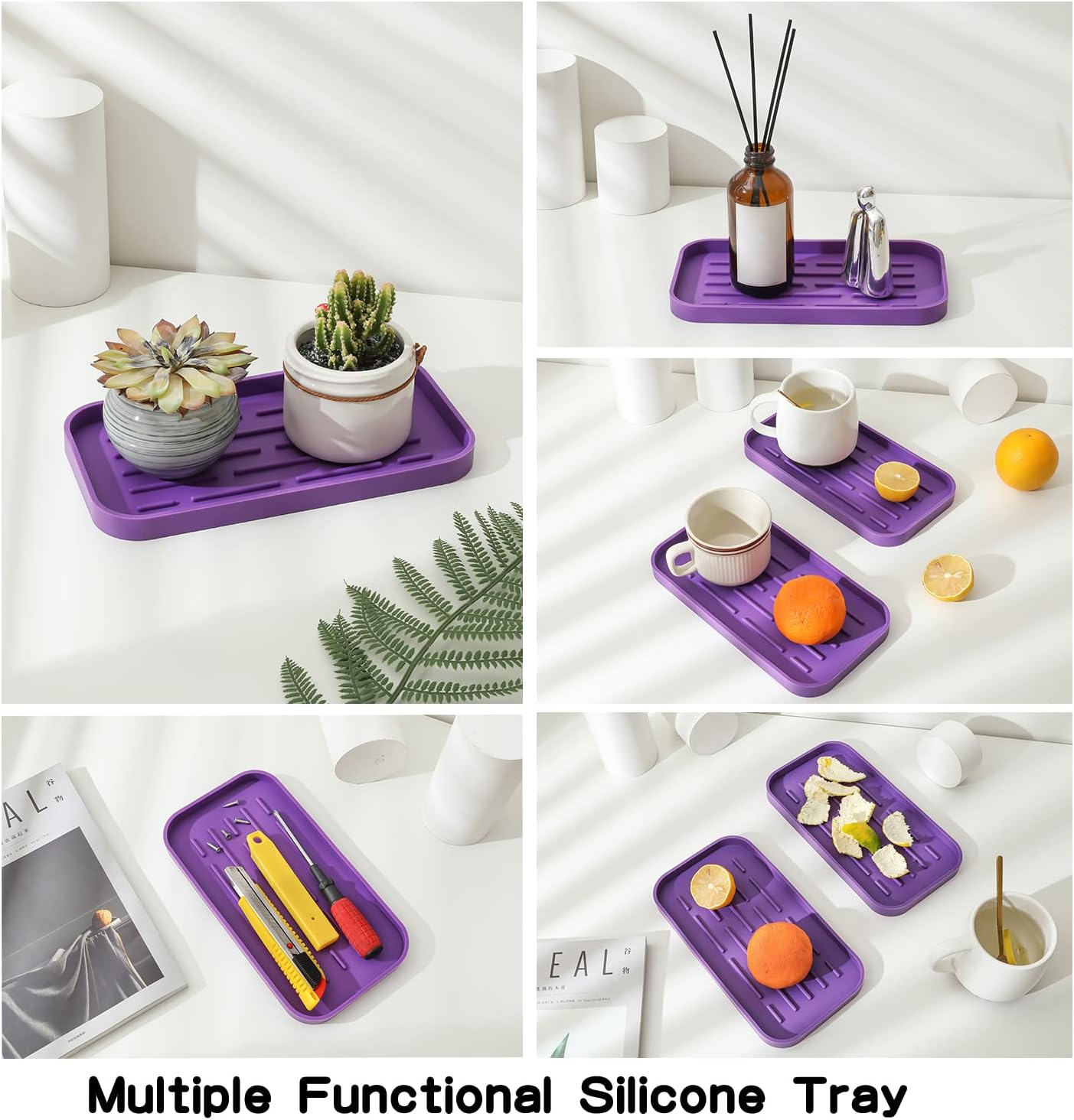 Silicone Kitchen Sink Organizer Tray for Multiple Usage,Eco-Friendly Sponges Holder for Kitchen Bathroom Counter or Sink,Dish Soap Dispenser,Scrubber,Bottle,Cup (Purple, 10"×5.3")