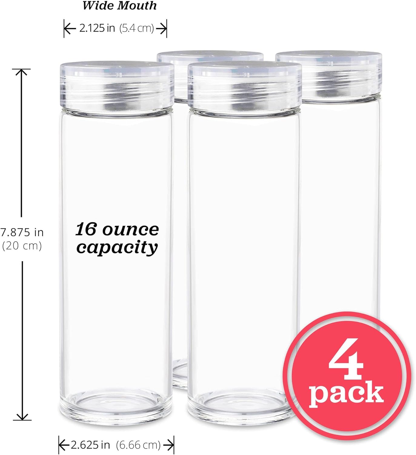 Glass Water Bottles - 4 Pack Wide Mouth Juice Bottles with Clear Lids for Juicing, Smoothies, Fruit Water, Teas, Beverage Storage - 16oz, Leakproof, Reusable, Borosilicate