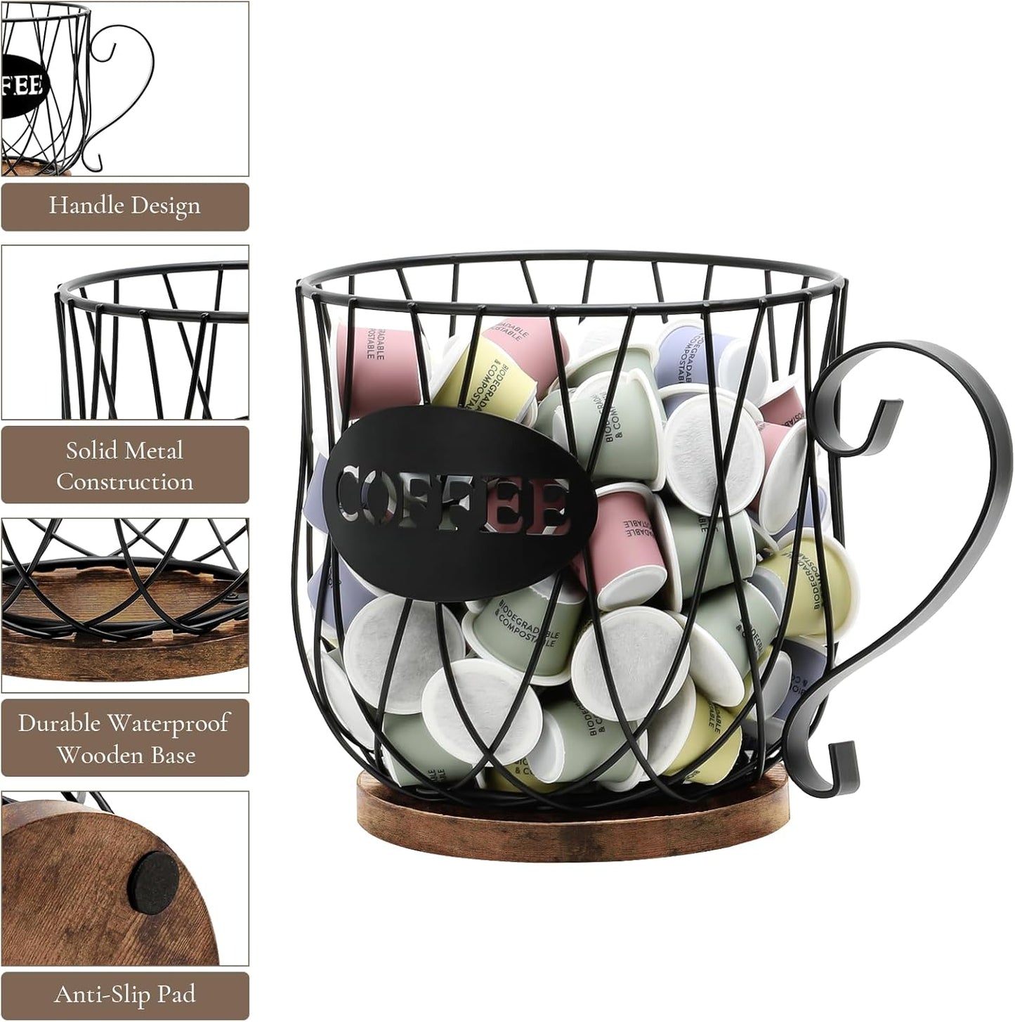 Rustic Metal K-Cup Coffee Pod Holder Mug - Large Wire Basket with Wooden Base for Countertop Coffee Storage - Farmhouse Decor for Home & Office (Rustic Brown-Round)