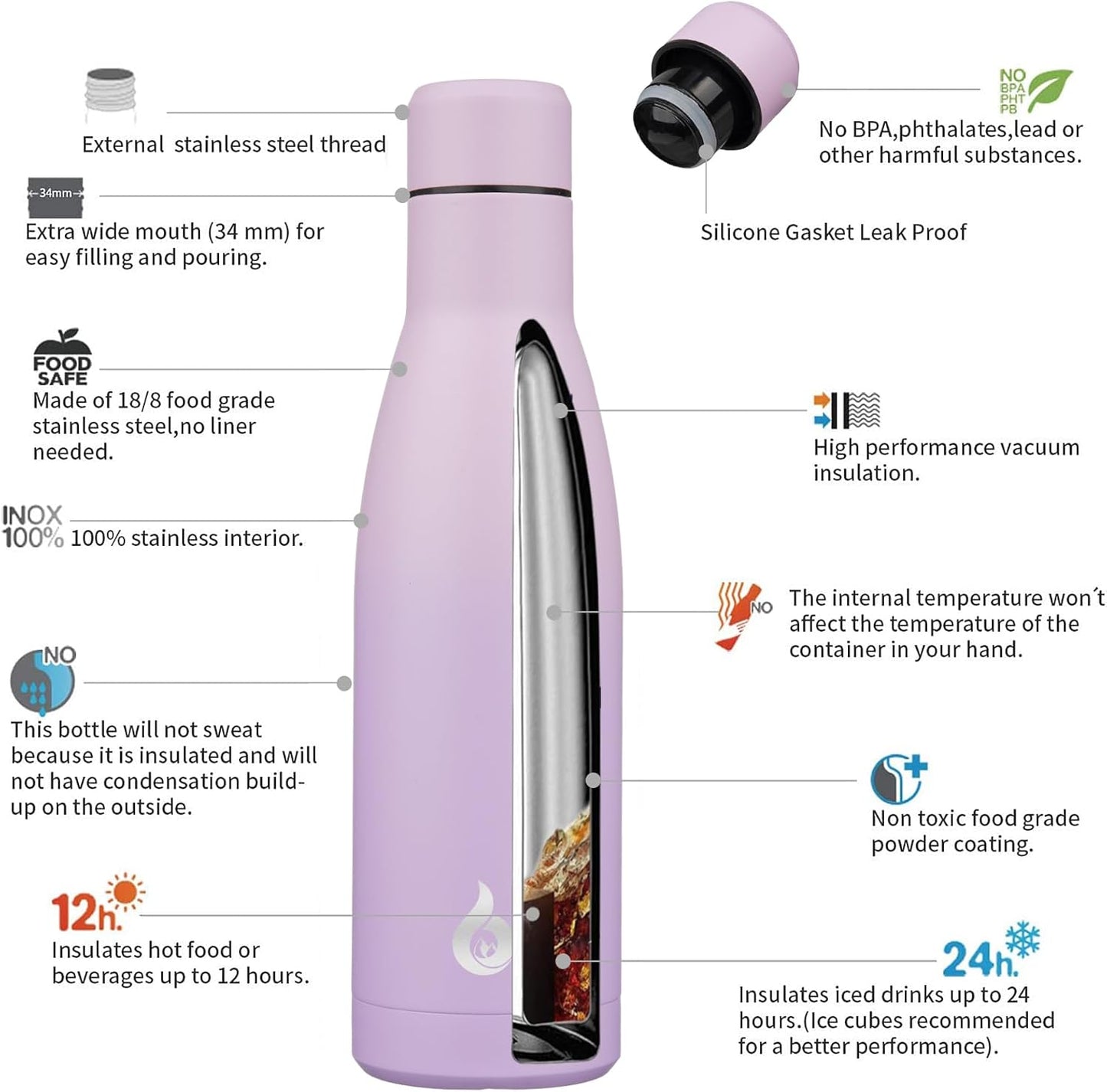 BJPKPK Insulated Water Bottle 17oz Stainless Steel Water Bottles Dishwasher Safe Reusable Metal Thermos Cold and Hot,Dreamy Purple