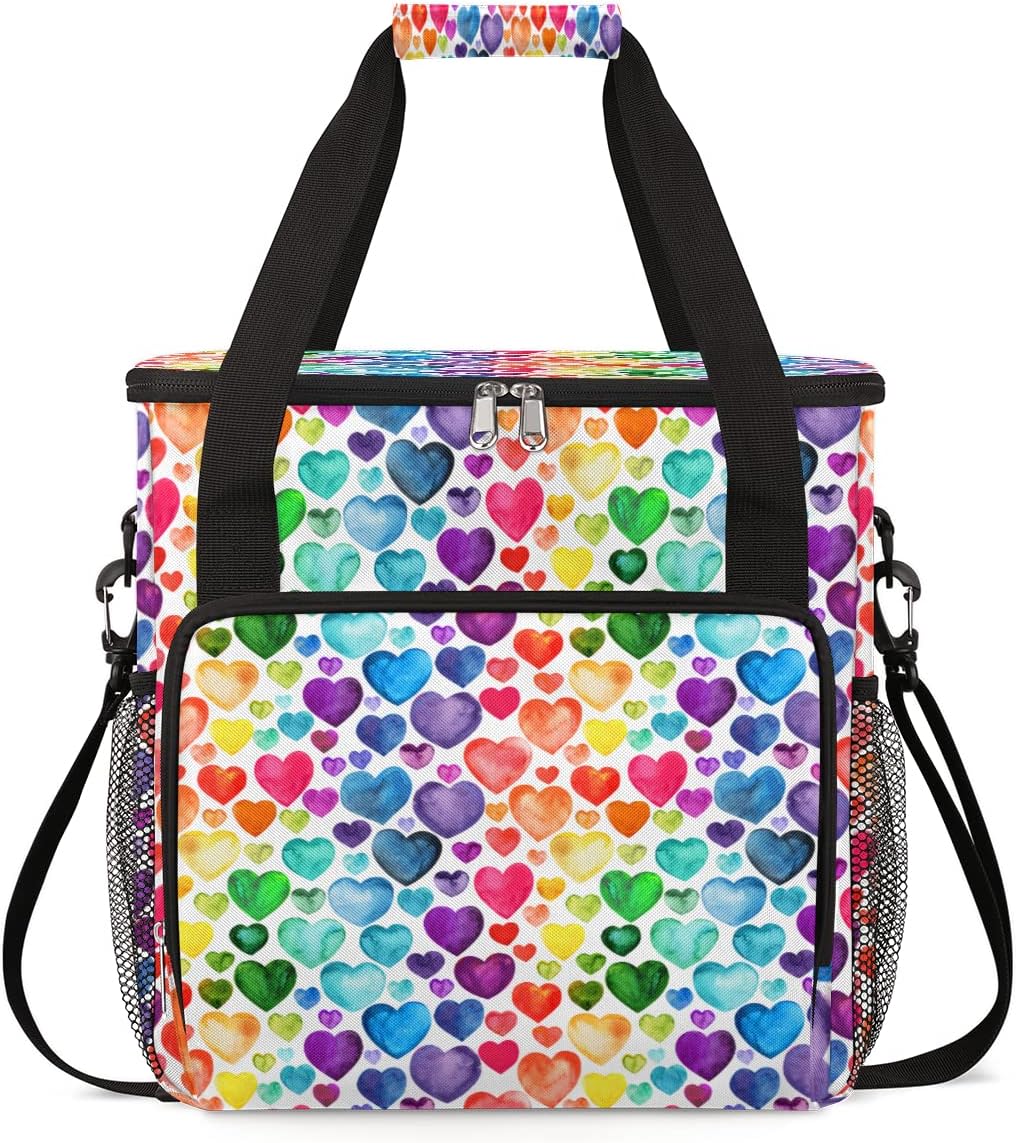 Watercolor Rainbow Hearts Pattern Coffee Maker Carring Bag Travel Storage Tote Bag Compatible with Keurig K-Mini or K-Mini Plus Portable Single Serve Coffee Brewer Case with Pockets for K-cup Pods