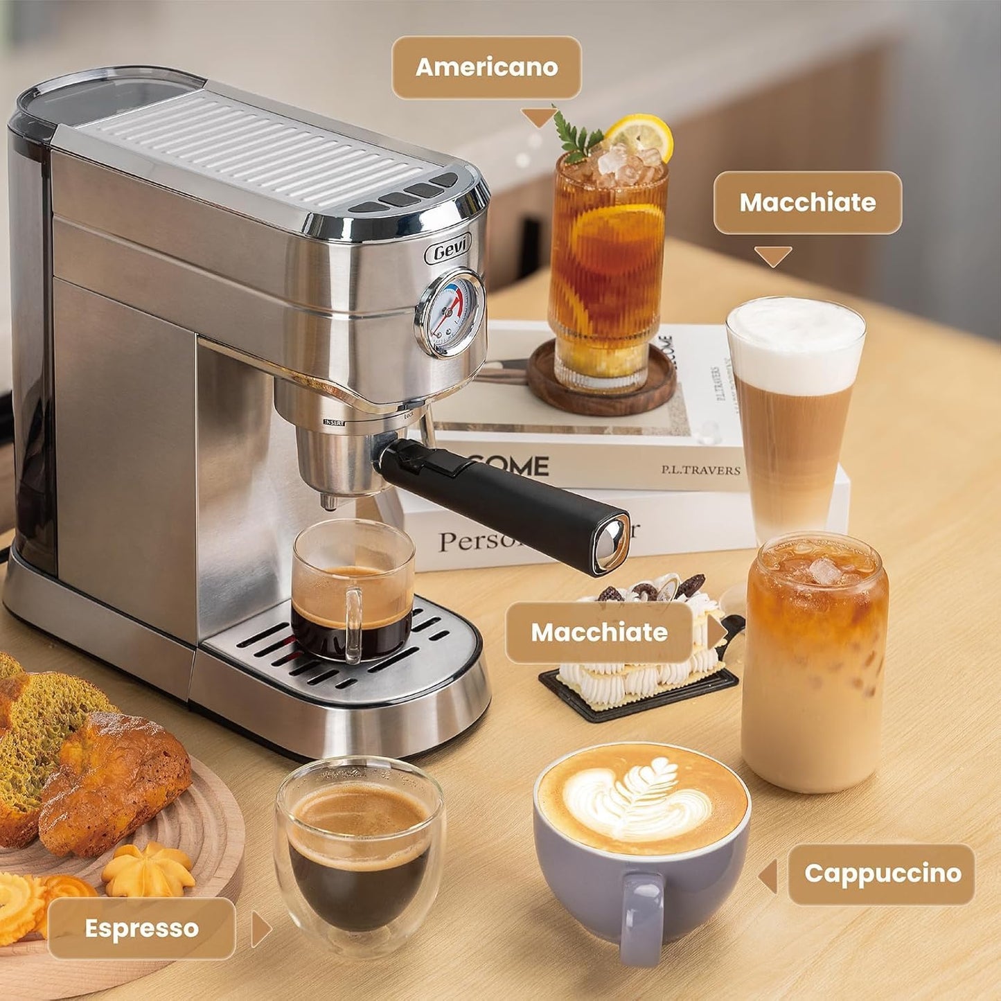 Gevi Espresso Machine 20 Bar with Portafilter for Nespresso Original Capsules and Coffee Powder, Professional Espresso Maker with Milk Frother for Cappuccino, Latte, Compact Espresso Coffee Machine