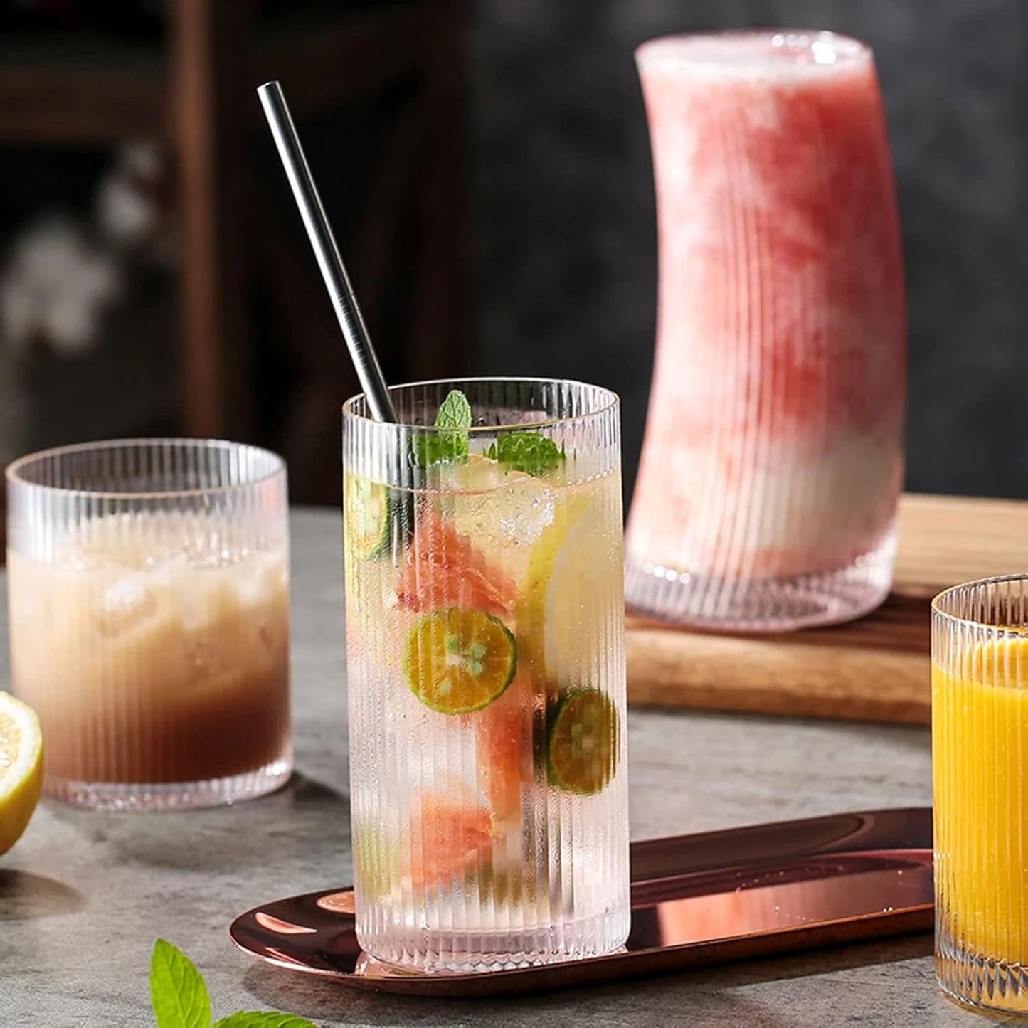 INSETLAN Glass Cups Vintage Glassware Set of 4 Large, Origami Style Transparent Cocktail Glasses Set, Bar Beverages Ice Coffee Cup Juice Ripple Drinkware, 370ml (L)