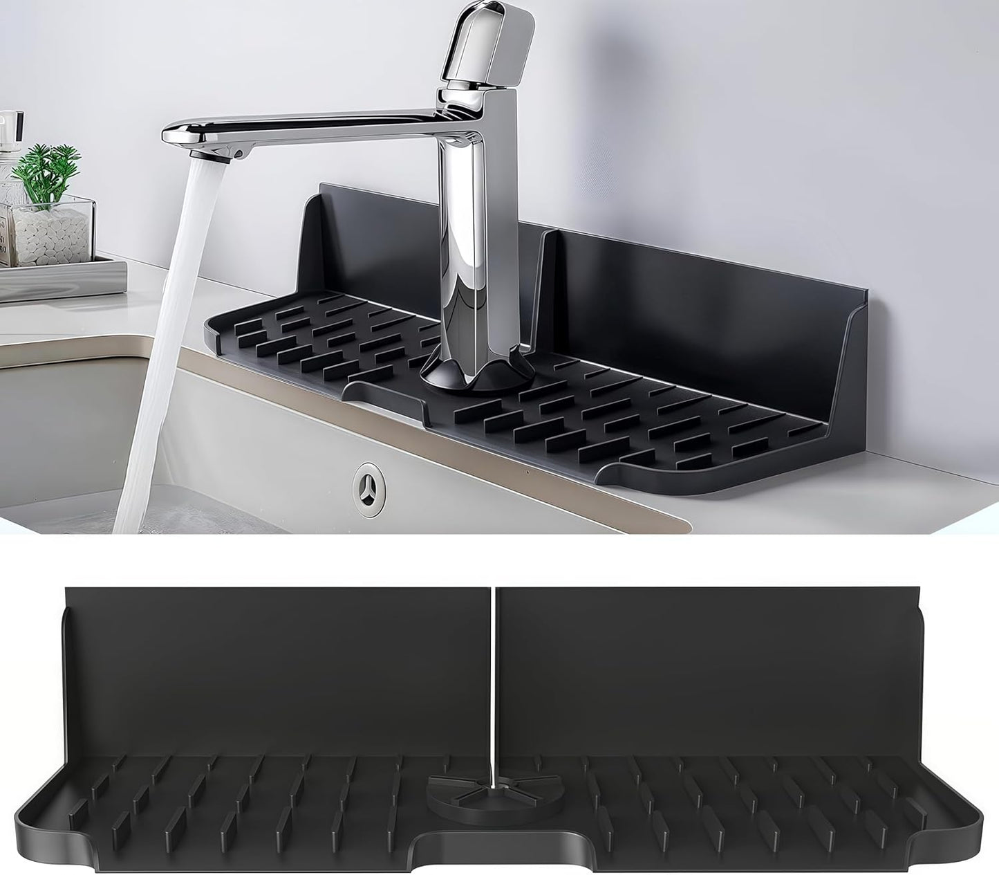 Silicone Kitchen Sink auto Drain Organizer, Kitchen countertop and Sink Splash Guard.Kitchen Sponge Rack and organizing Shelf，Suitable for Cleaning Tools, dispensers, Bottles, Cups (Black)